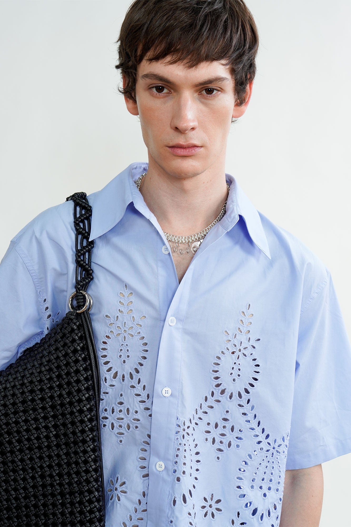 ORAL UTOPIA Geometric Eyelet Embroidery Half Shirt, premium urban and streetwear designers apparel on PROJECTISR.com, ORAL UTOPIA