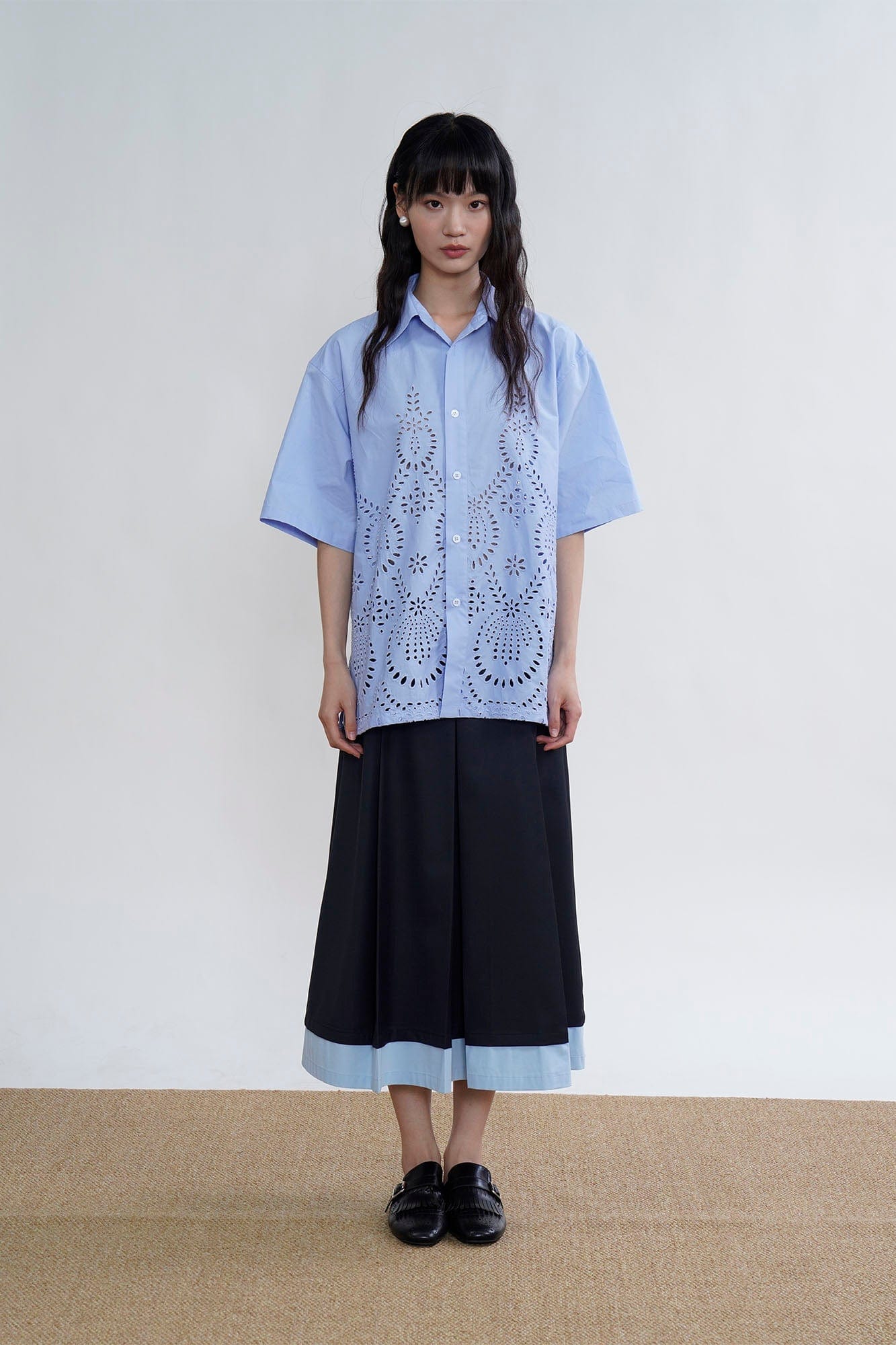 ORAL UTOPIA Geometric Eyelet Embroidery Half Shirt, premium urban and streetwear designers apparel on PROJECTISR.com, ORAL UTOPIA