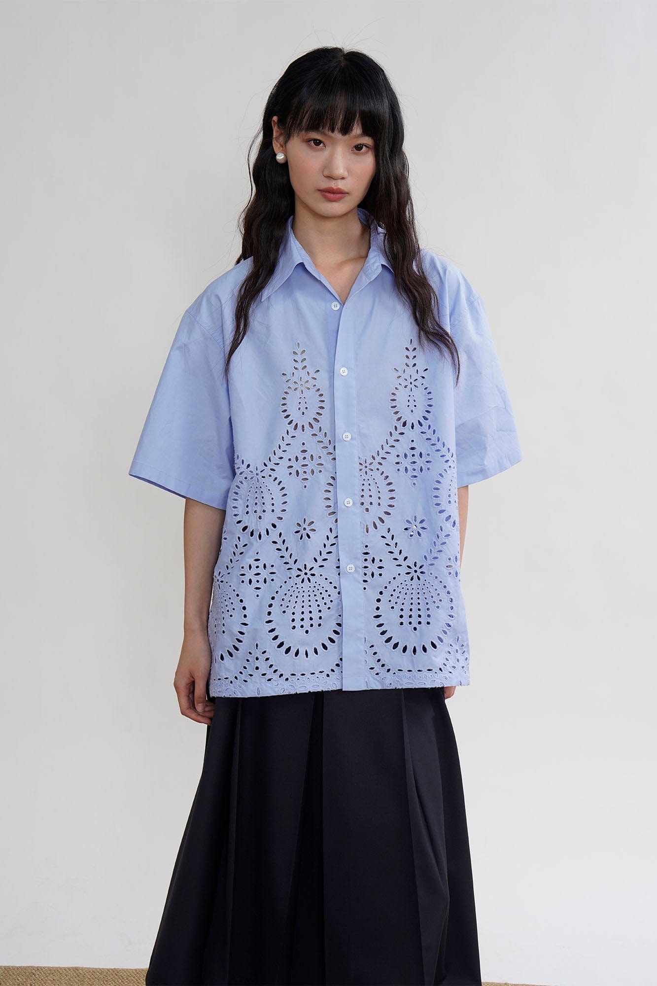 ORAL UTOPIA Geometric Eyelet Embroidery Half Shirt, premium urban and streetwear designers apparel on PROJECTISR.com, ORAL UTOPIA