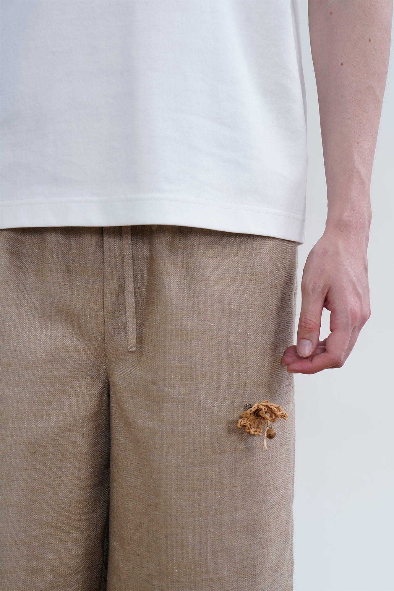 ORAL UTOPIA Tassel Flower Embellished Linen Blend Shorts, premium urban and streetwear designers apparel on PROJECTISR.com, ORAL UTOPIA