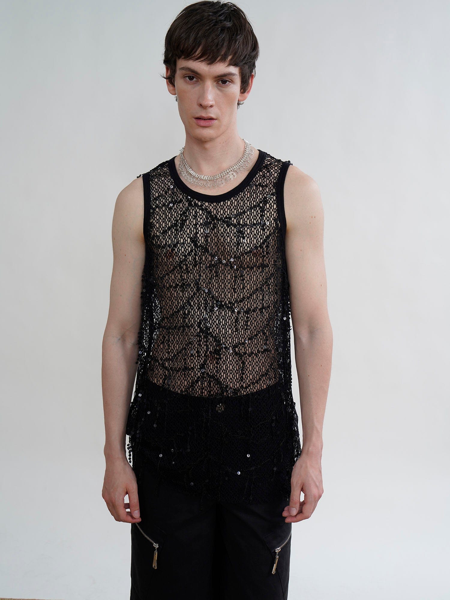 ORAL UTOPIA Fringed Sequin Fishnet Vest, premium urban and streetwear designers apparel on PROJECTISR.com, ORAL UTOPIA