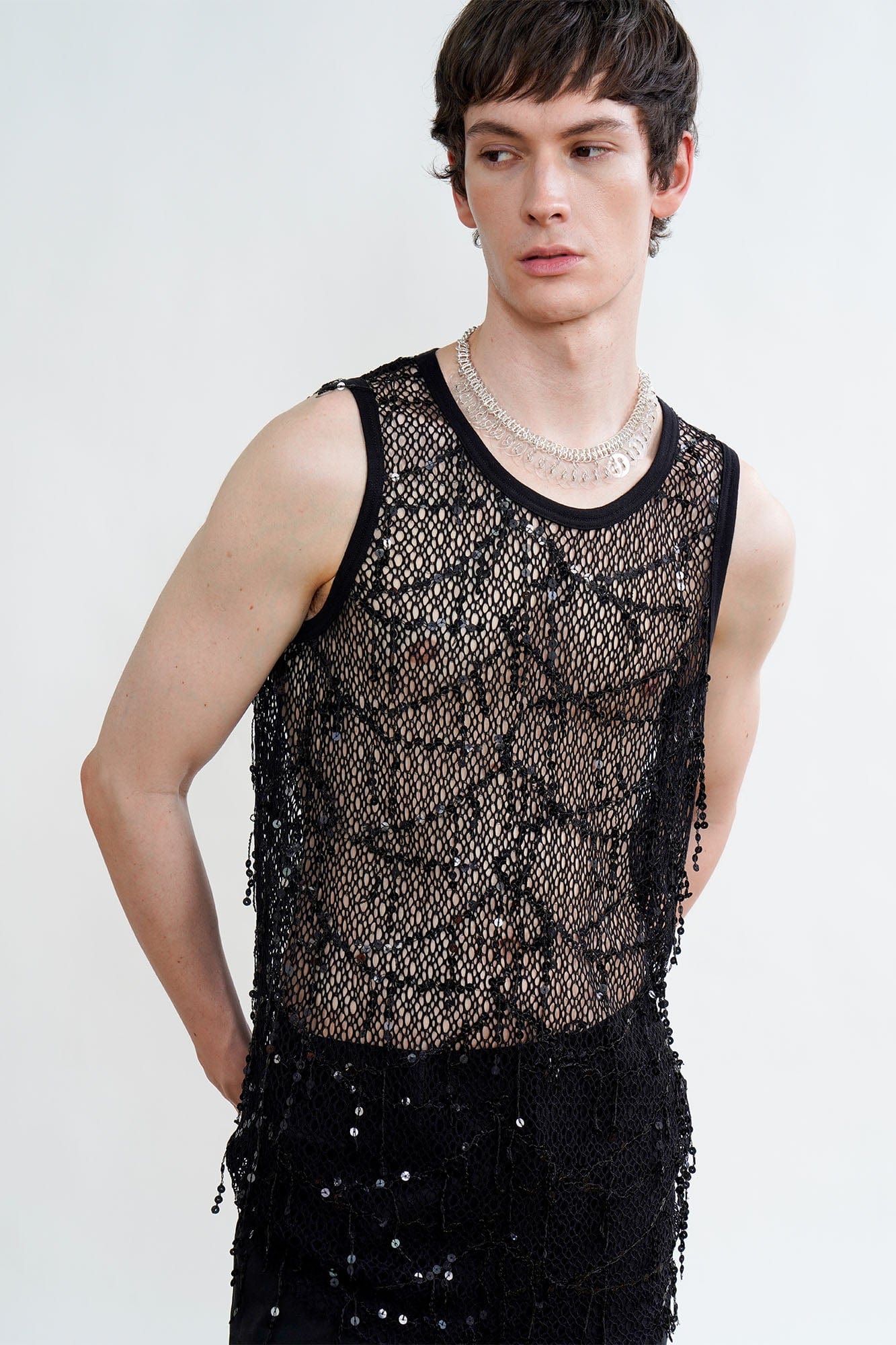 ORAL UTOPIA Fringed Sequin Fishnet Vest, premium urban and streetwear designers apparel on PROJECTISR.com, ORAL UTOPIA