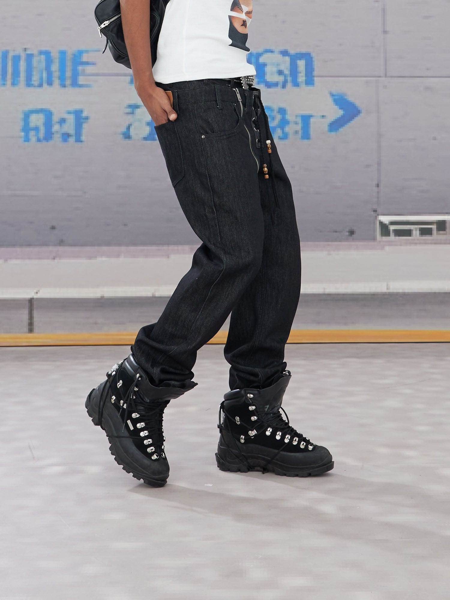 DND4DES Slanted Zipper Lace-Up Double-Waistband Raw Jeans, premium urban and streetwear designers apparel on PROJECTISR.com, DND4DES