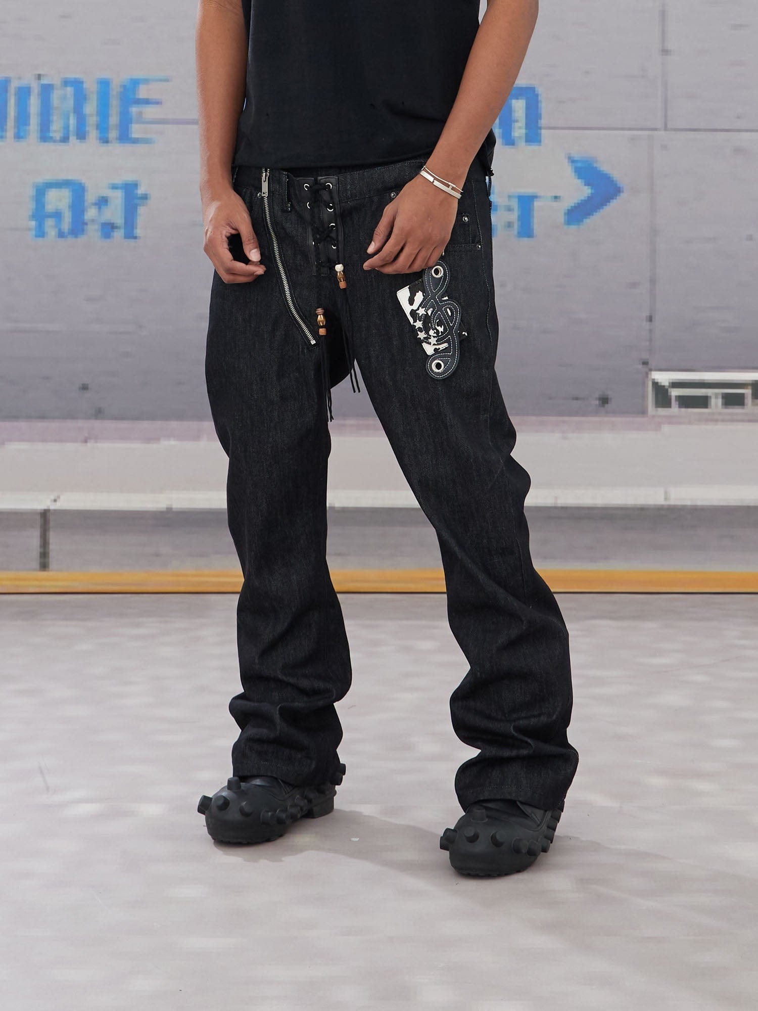 DND4DES Slanted Zipper Lace-Up Double-Waistband Raw Jeans, premium urban and streetwear designers apparel on PROJECTISR.com, DND4DES