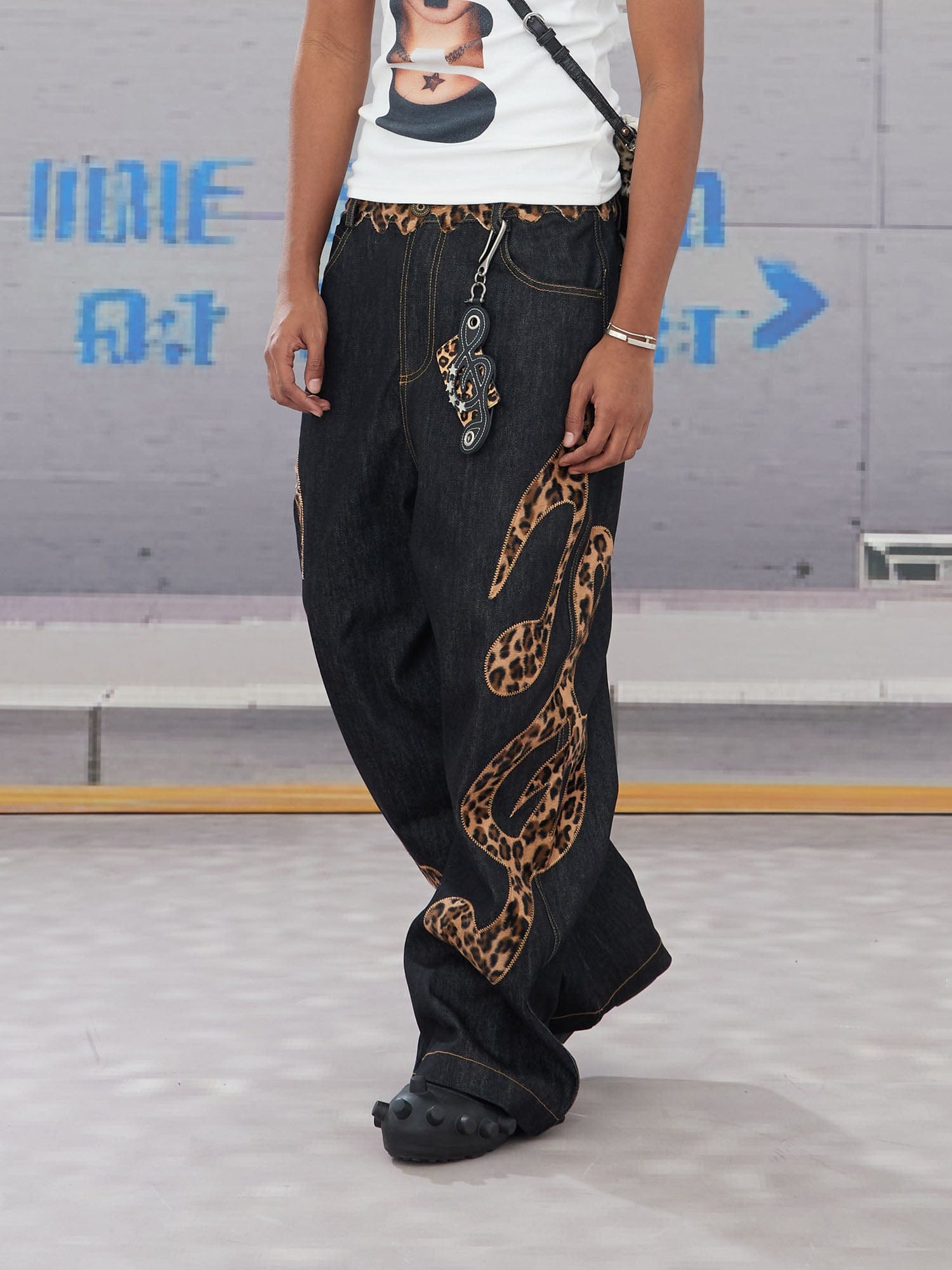 DND4DES Leopard Music Note Patch Baggy Jeans, premium urban and streetwear designers apparel on PROJECTISR.com, DND4DES