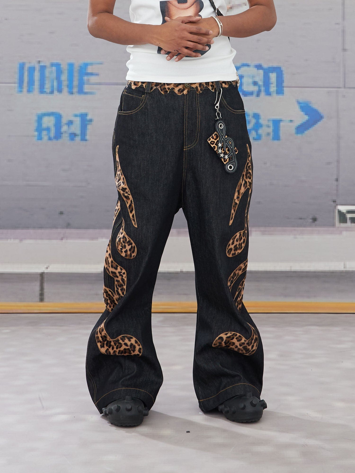 DND4DES Leopard Music Note Patch Baggy Jeans, premium urban and streetwear designers apparel on PROJECTISR.com, DND4DES