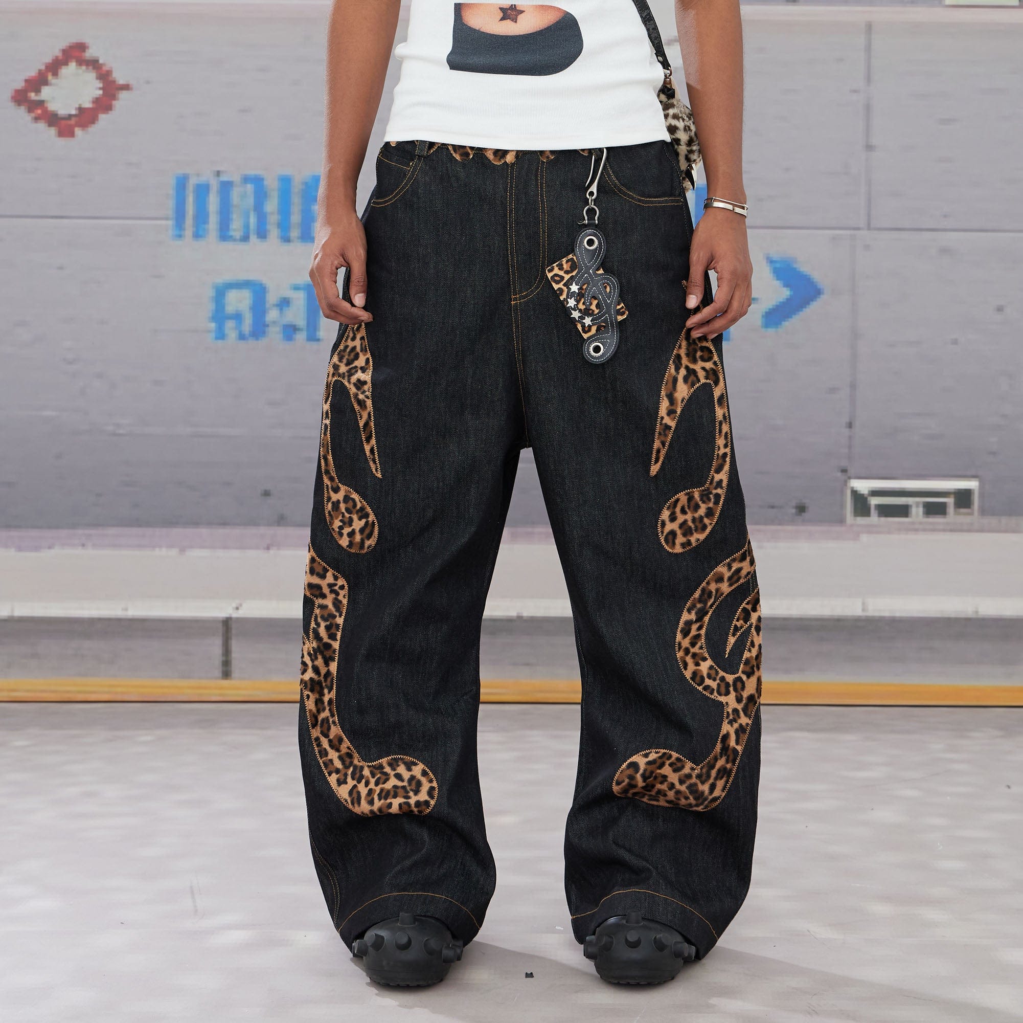 DND4DES Leopard Music Note Patch Baggy Jeans, premium urban and streetwear designers apparel on PROJECTISR.com, DND4DES