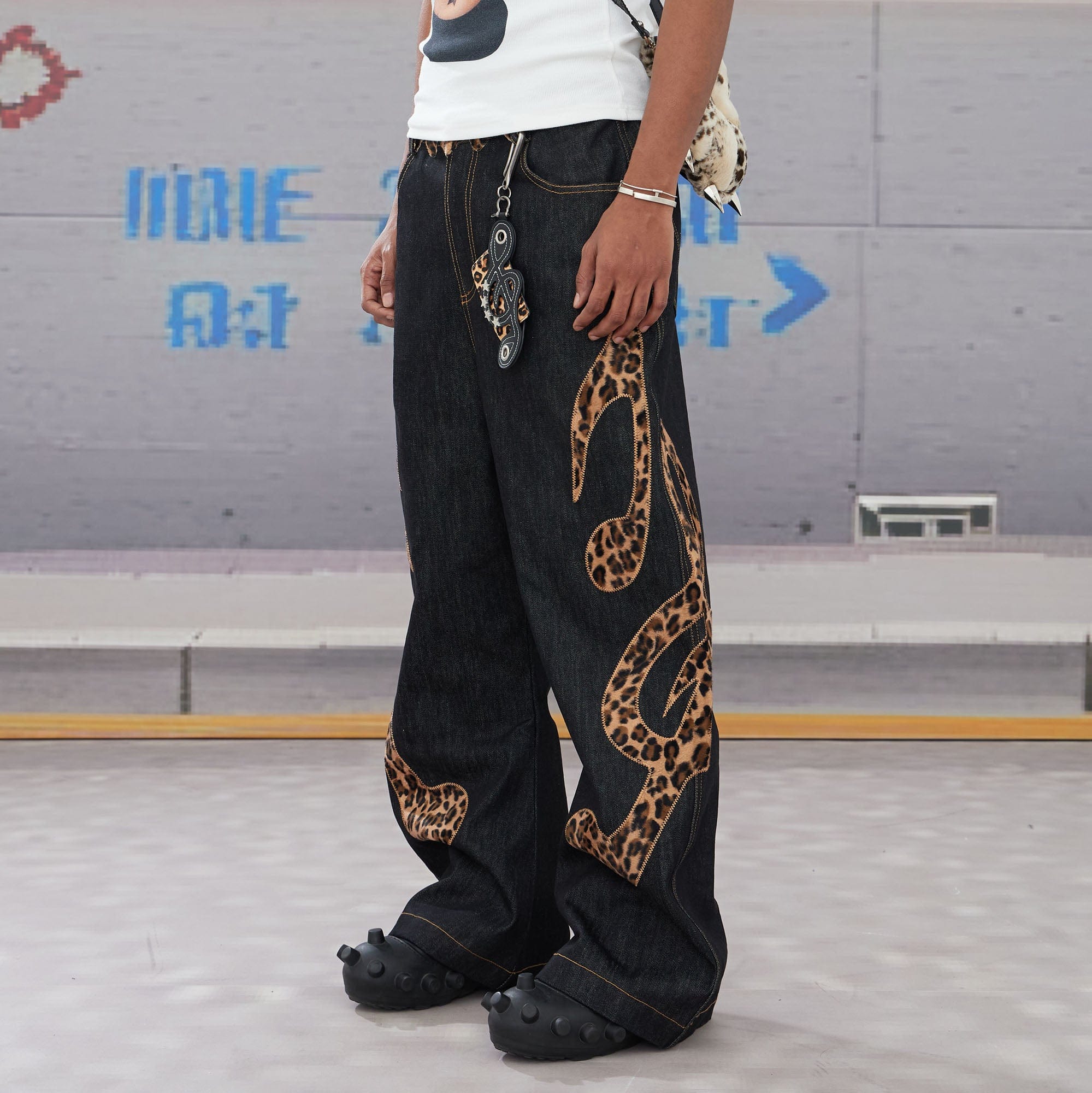 DND4DES Leopard Music Note Patch Baggy Jeans, premium urban and streetwear designers apparel on PROJECTISR.com, DND4DES