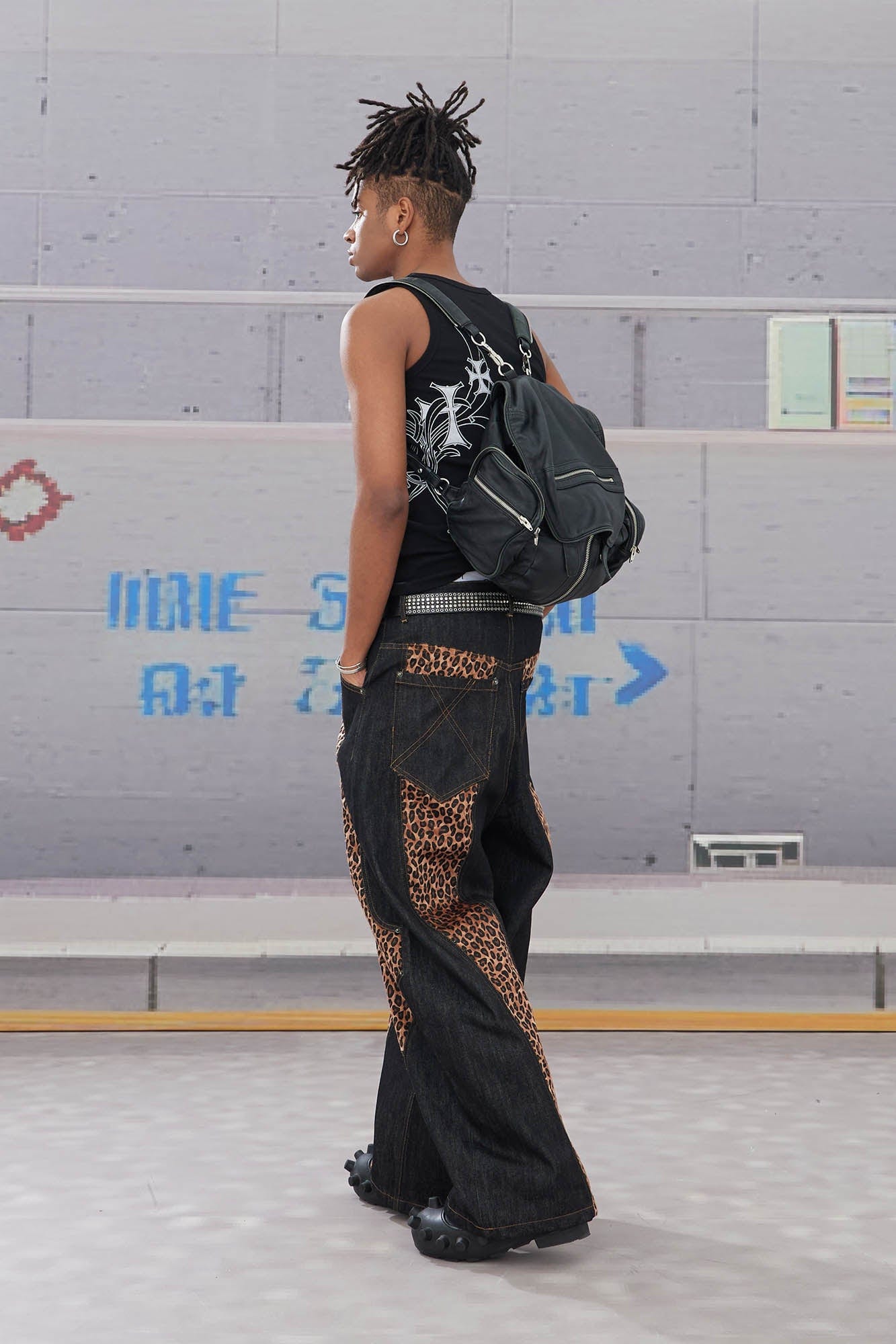 DND4DES Leopard-Paneled Curved Baggy Jeans, premium urban and streetwear designers apparel on PROJECTISR.com, DND4DES