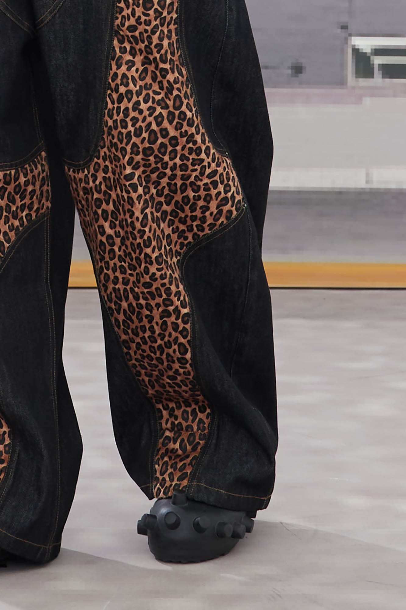 DND4DES Leopard-Paneled Curved Baggy Jeans, premium urban and streetwear designers apparel on PROJECTISR.com, DND4DES