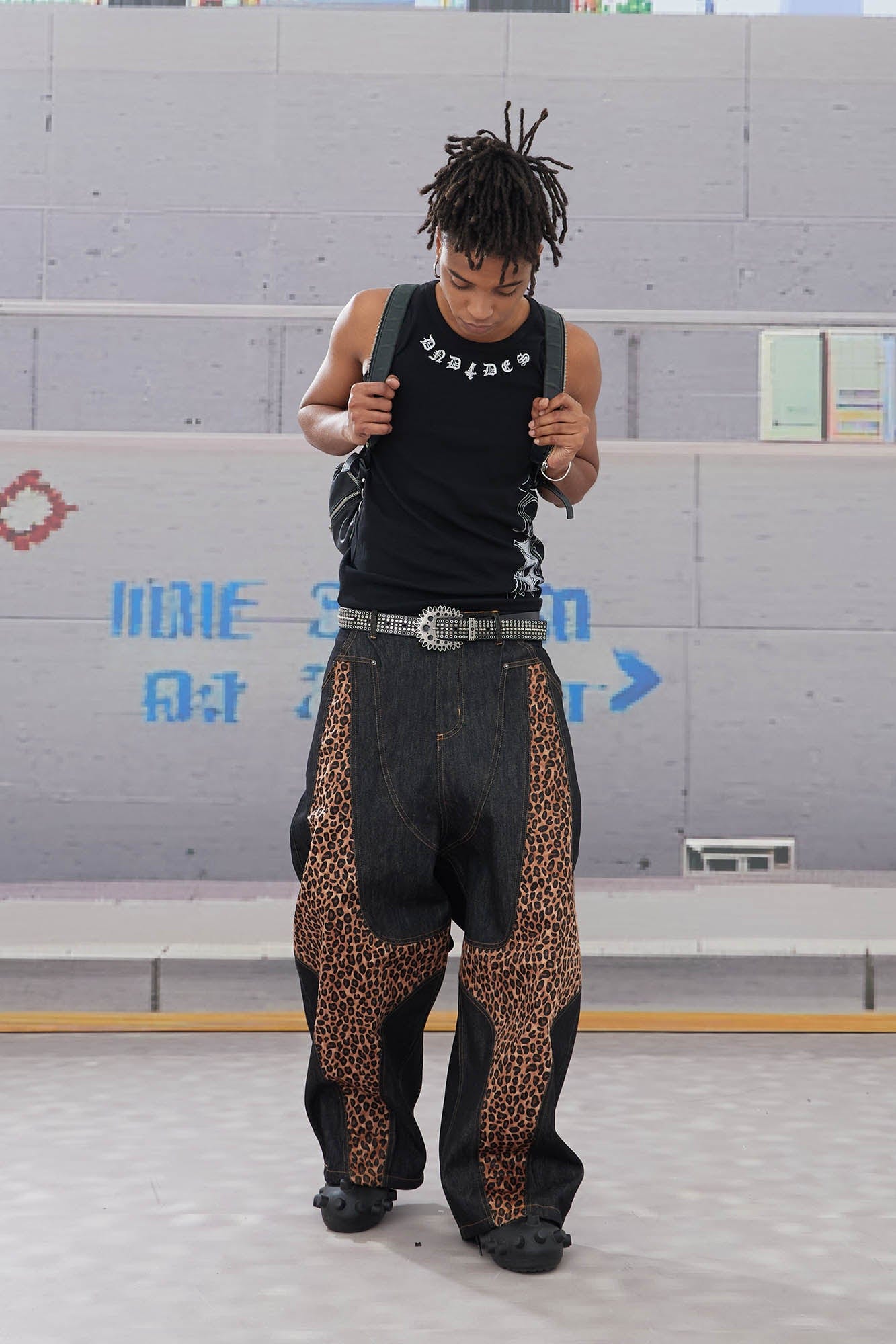 DND4DES Leopard-Paneled Curved Baggy Jeans, premium urban and streetwear designers apparel on PROJECTISR.com, DND4DES