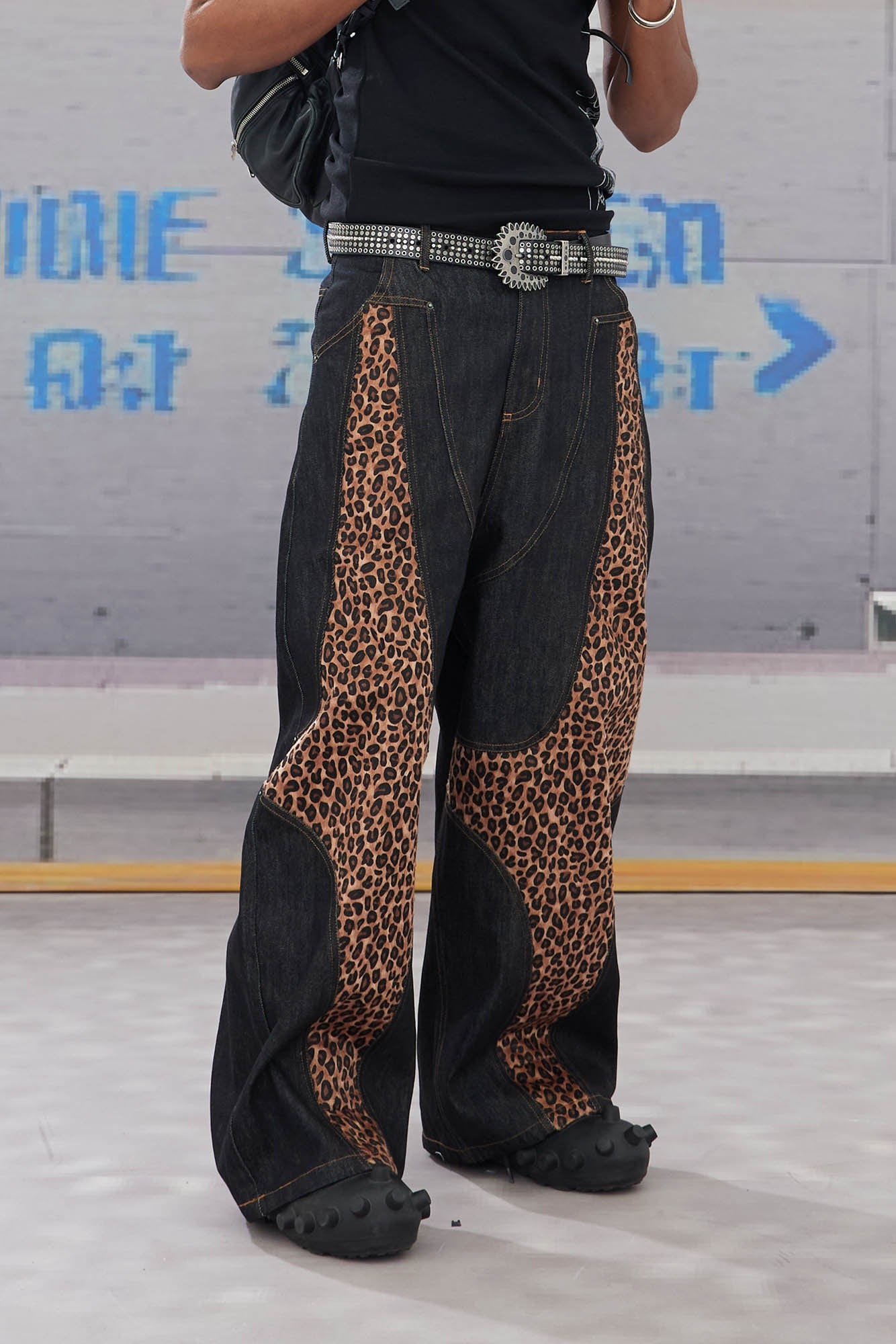 DND4DES Leopard-Paneled Curved Baggy Jeans, premium urban and streetwear designers apparel on PROJECTISR.com, DND4DES