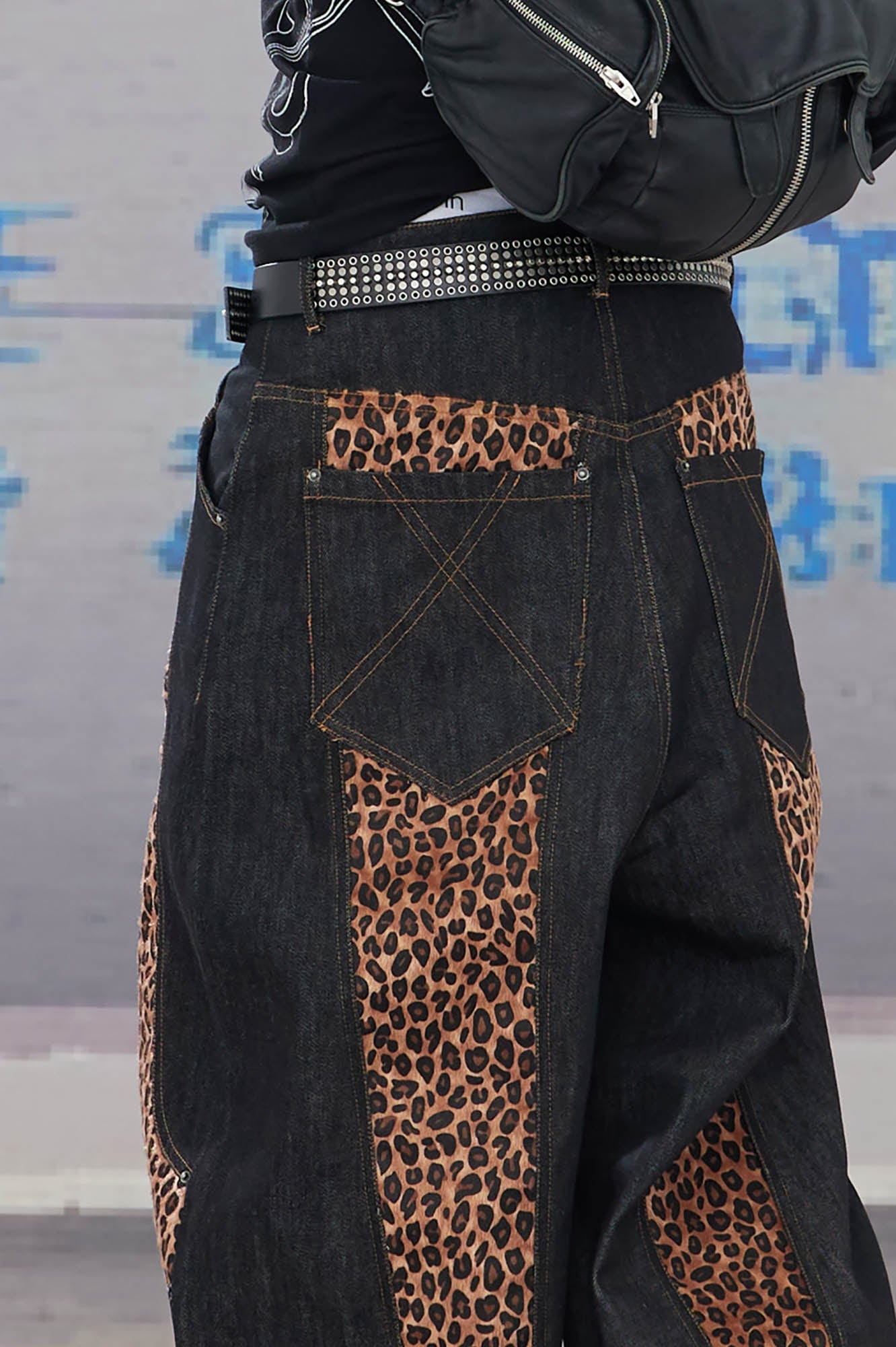 DND4DES Leopard-Paneled Curved Baggy Jeans, premium urban and streetwear designers apparel on PROJECTISR.com, DND4DES
