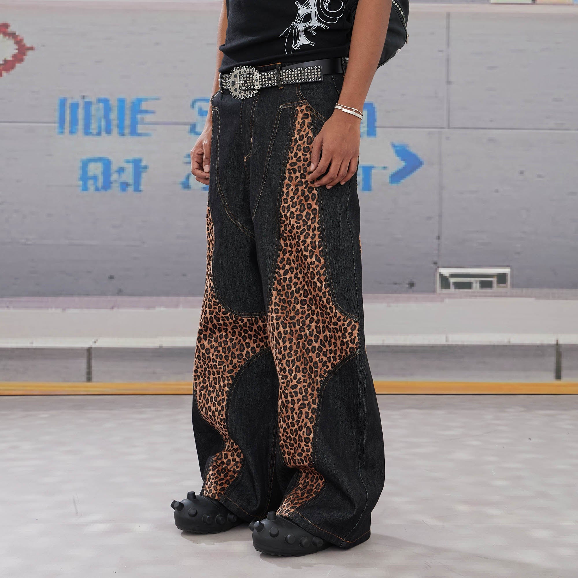 DND4DES Leopard-Paneled Curved Baggy Jeans, premium urban and streetwear designers apparel on PROJECTISR.com, DND4DES