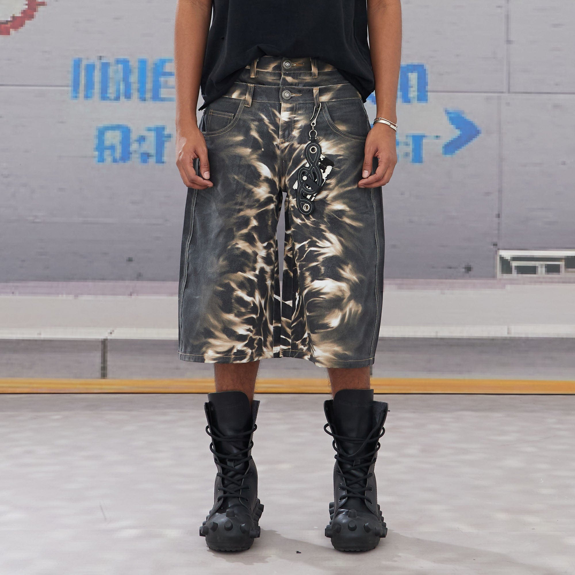 DND4DES Abstract Leopard Double-Waistband Denim Shorts