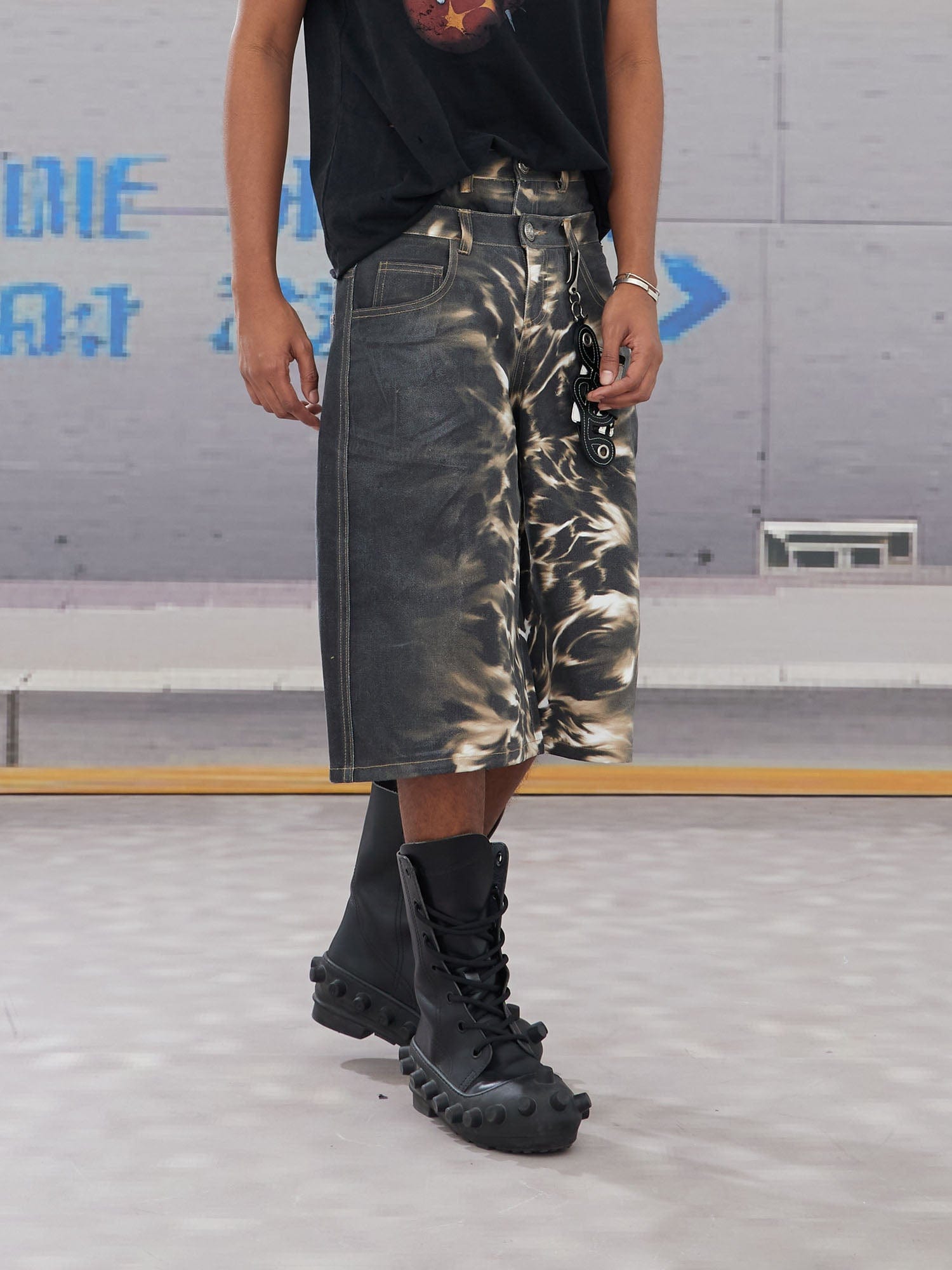 DND4DES Abstract Leopard Double-Waistband Denim Shorts