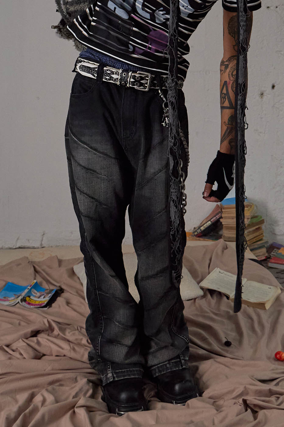 DND4DES Scratch Marks Distressed Flared Jeans Black, premium urban and streetwear designers apparel on PROJECTISR.com, DND4DES