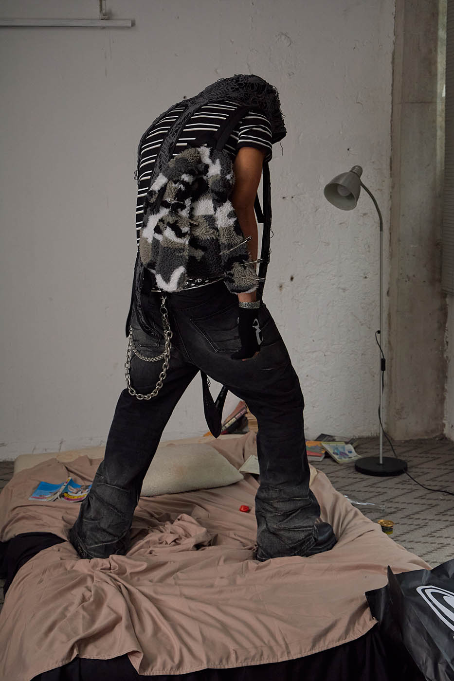 DND4DES Scratch Marks Distressed Flared Jeans Black, premium urban and streetwear designers apparel on PROJECTISR.com, DND4DES