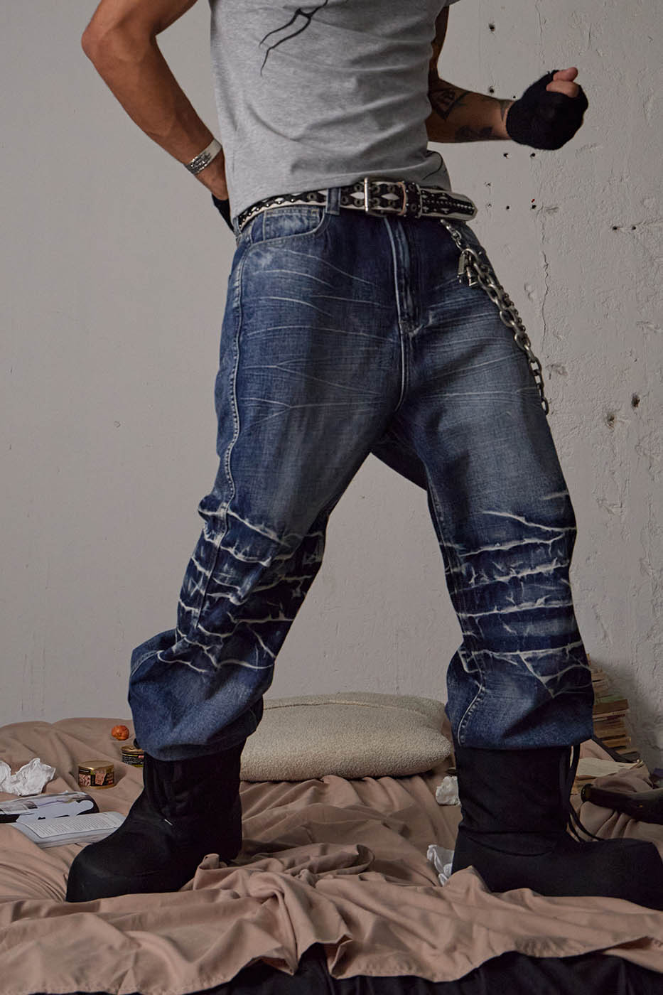 DND4DES Lightning-Creased Flared Jeans Blue, premium urban and streetwear designers apparel on PROJECTISR.com, DND4DES