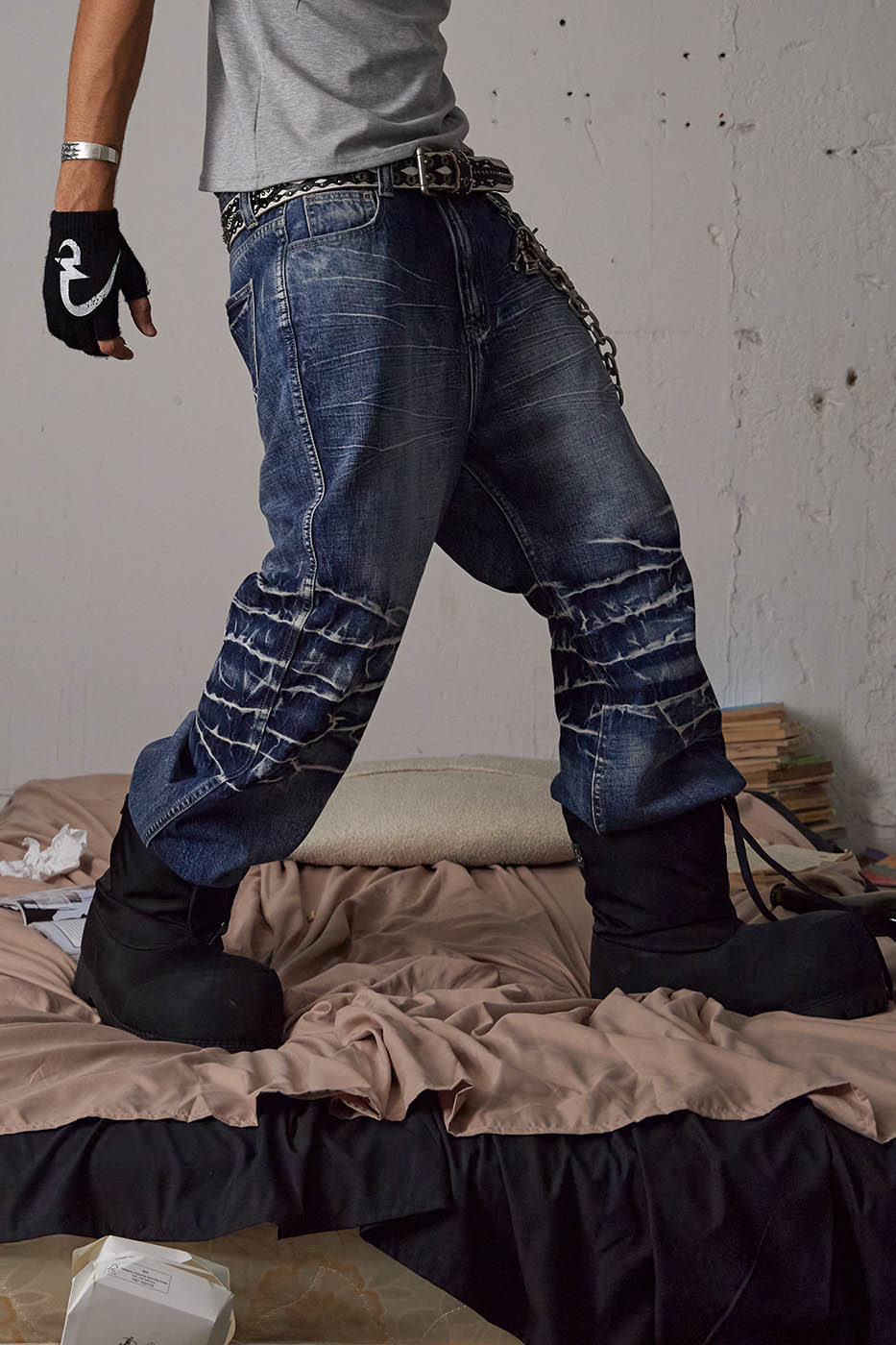 DND4DES Lightning-Creased Flared Jeans Blue, premium urban and streetwear designers apparel on PROJECTISR.com, DND4DES