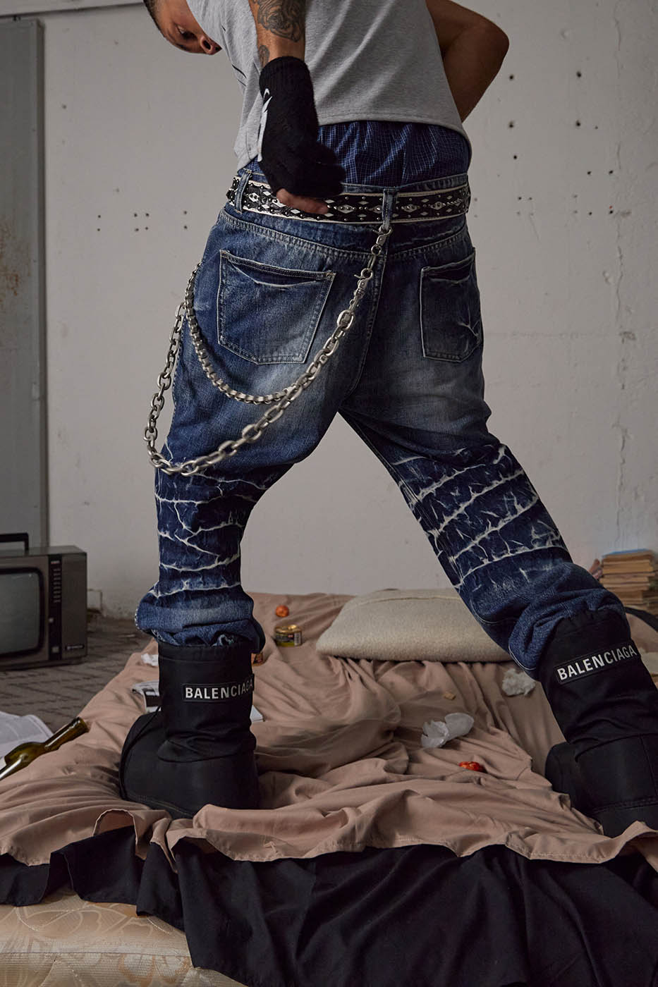 DND4DES Lightning-Creased Flared Jeans Blue, premium urban and streetwear designers apparel on PROJECTISR.com, DND4DES