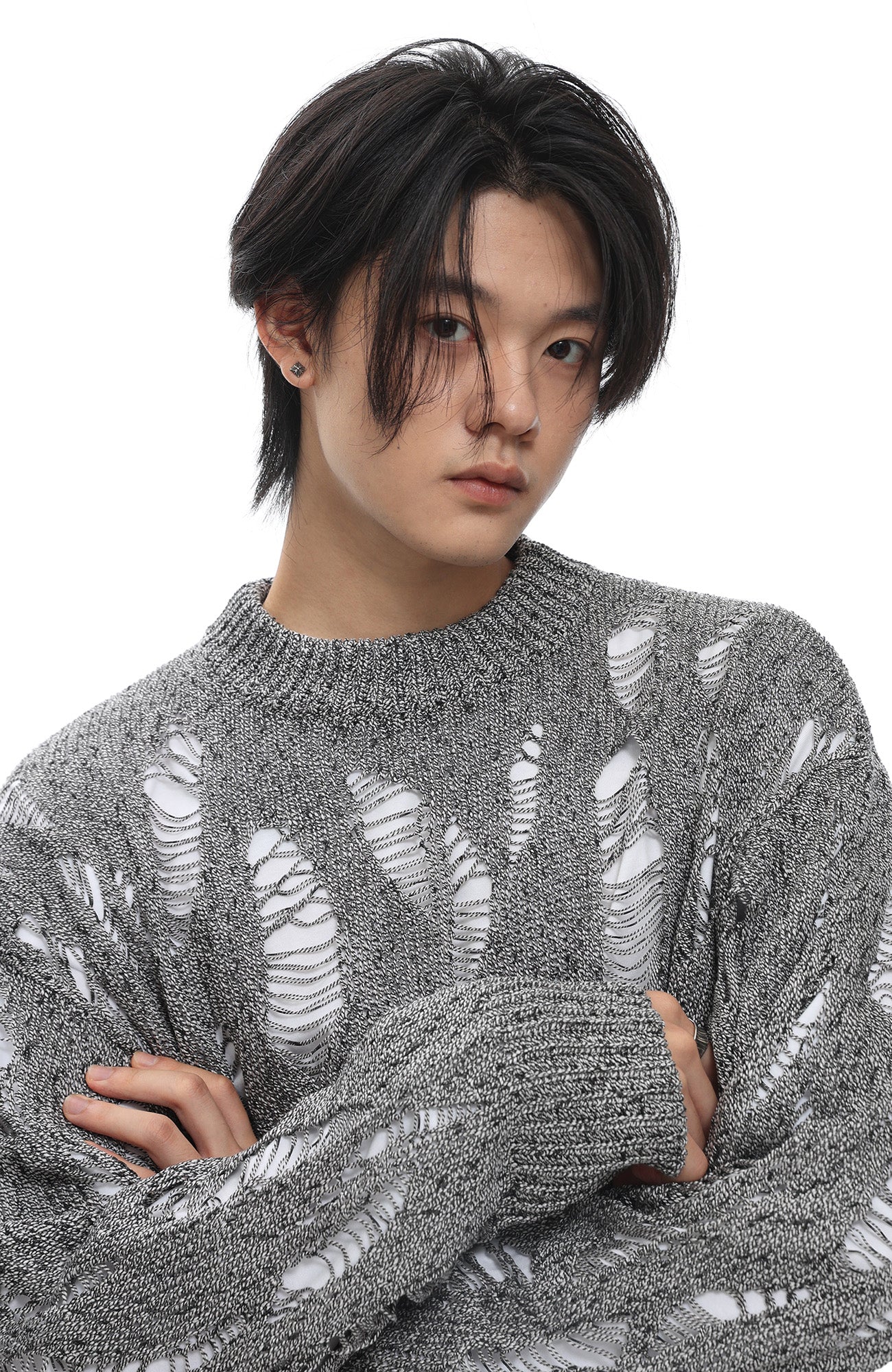 ROARINGWILD A ARCH Distressed Hollowed-Knit Sweater