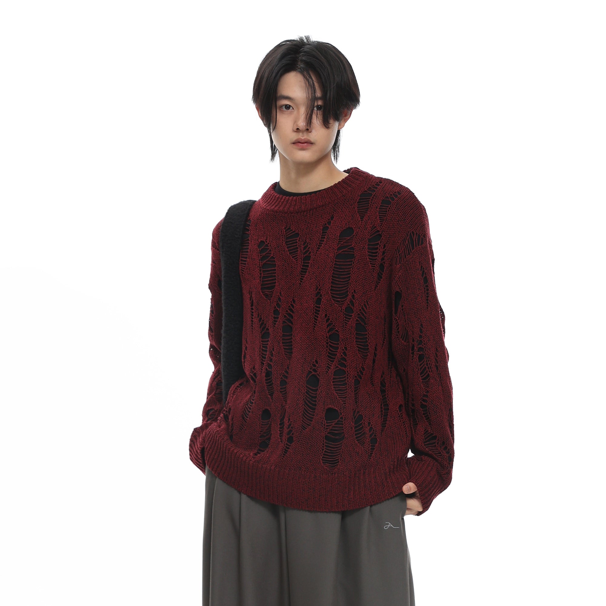 ROARINGWILD A ARCH Distressed Hollowed-Knit Sweater