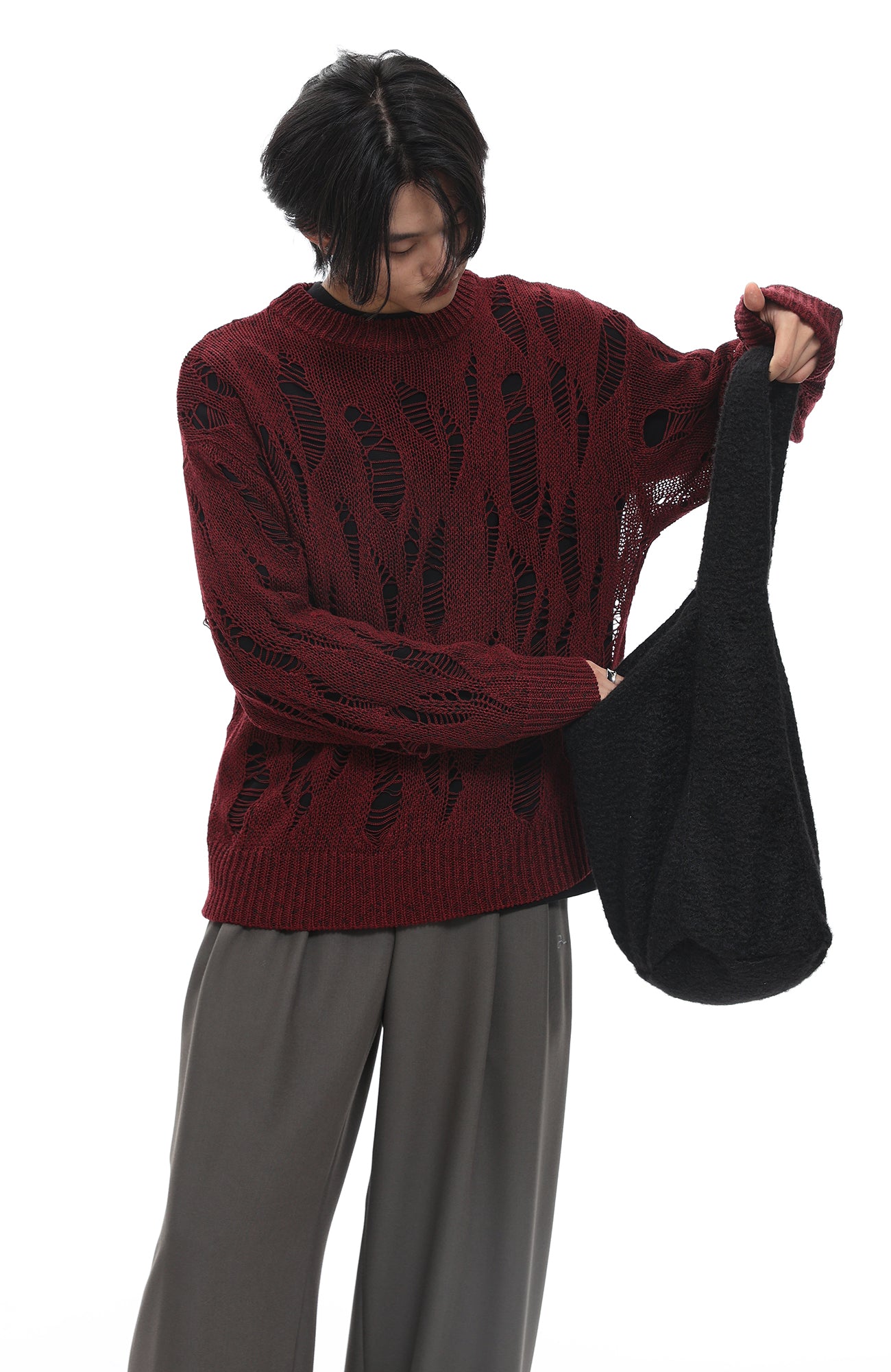 ROARINGWILD A ARCH Distressed Hollowed-Knit Sweater