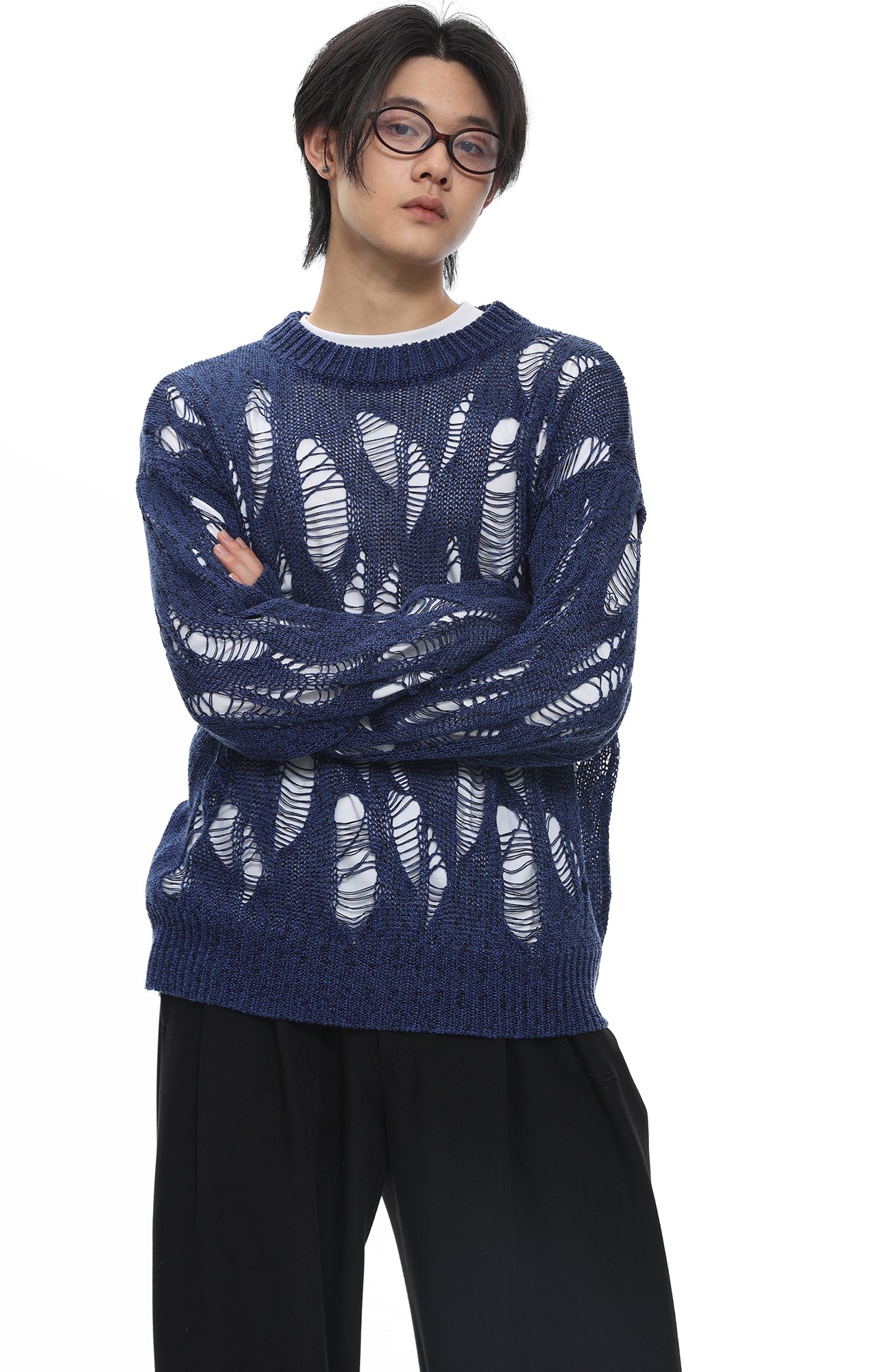 ROARINGWILD A ARCH Distressed Hollowed-Knit Sweater