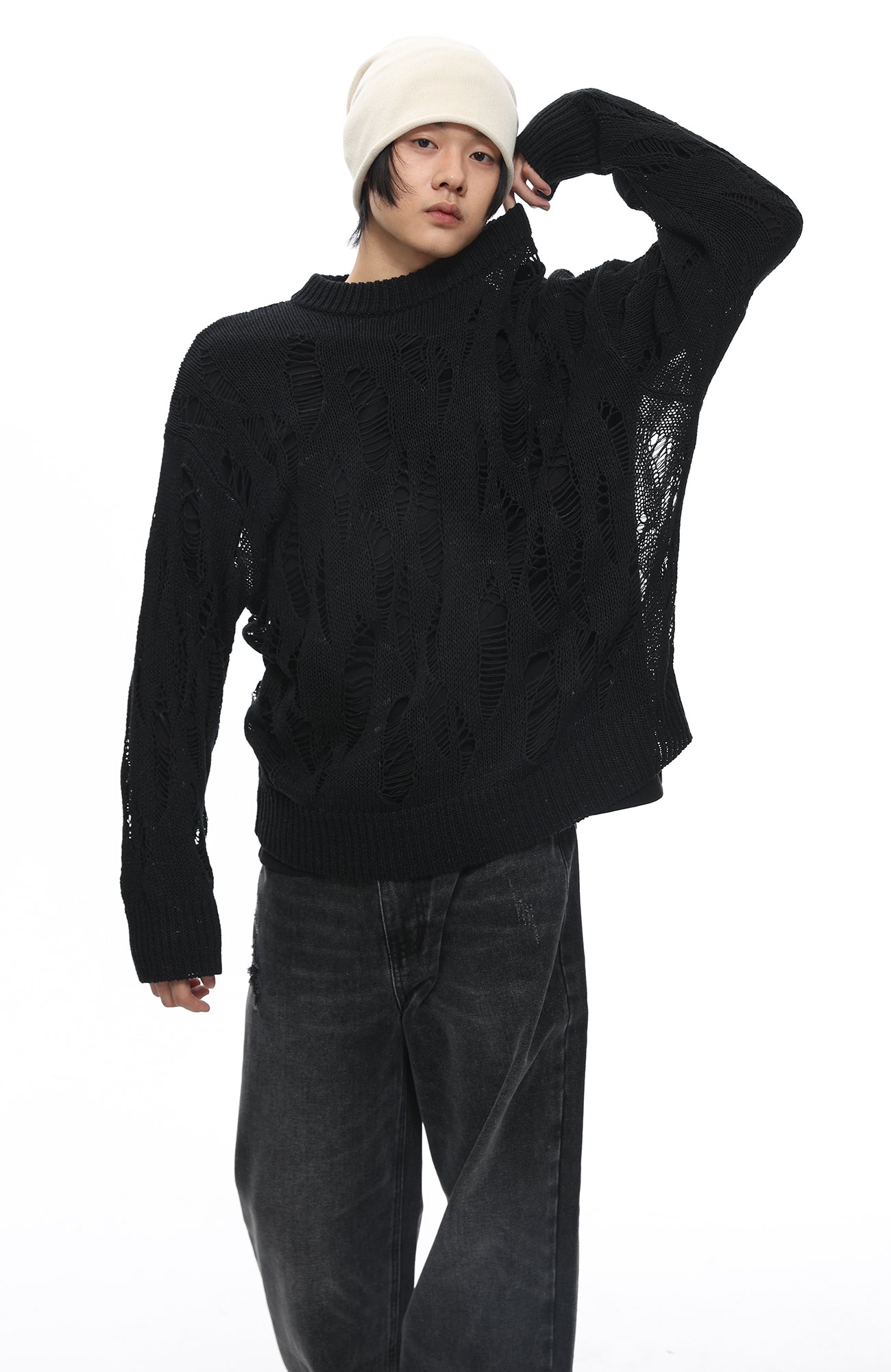 ROARINGWILD A ARCH Distressed Hollowed-Knit Sweater