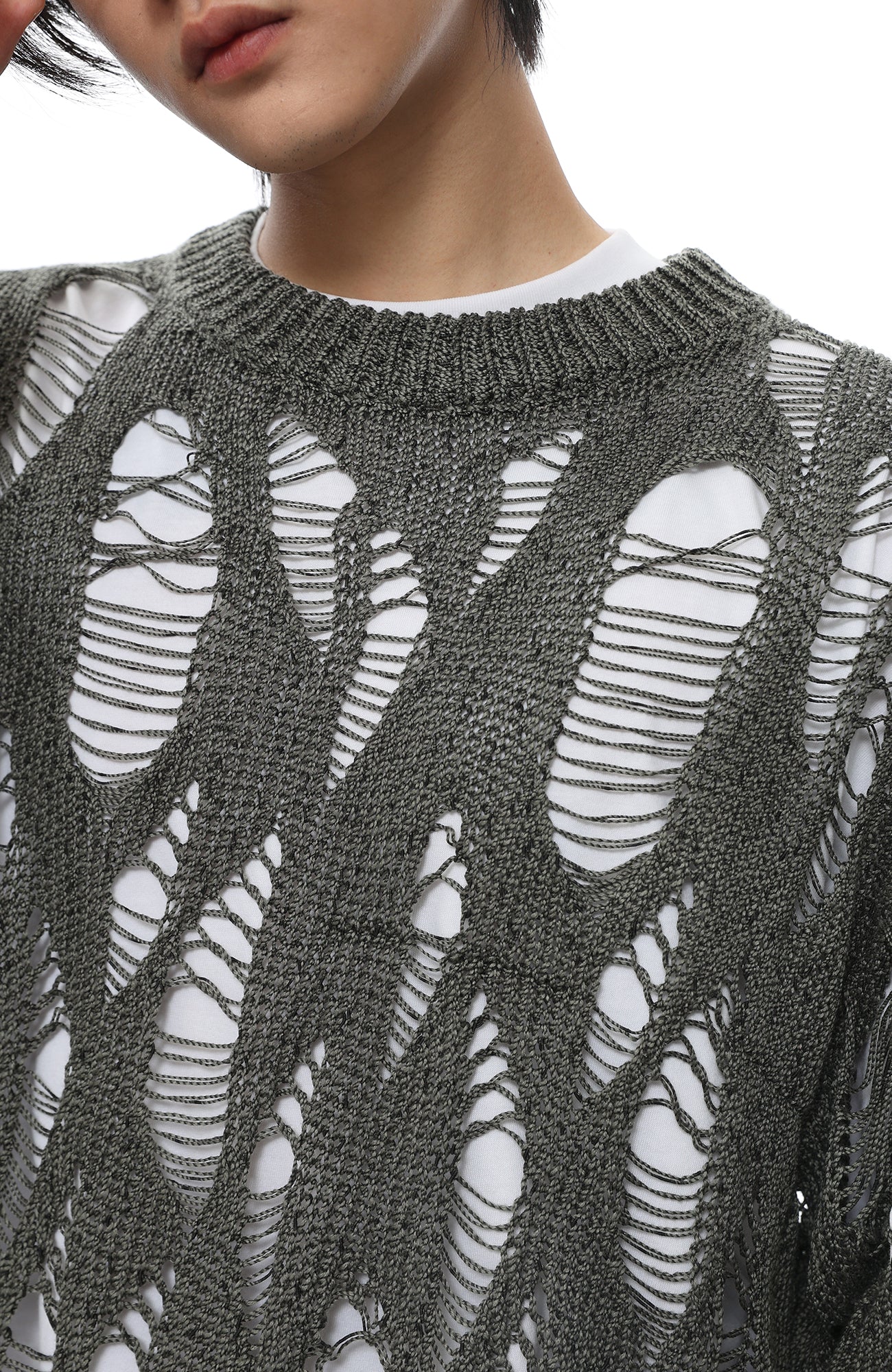 ROARINGWILD A ARCH Distressed Hollowed-Knit Sweater