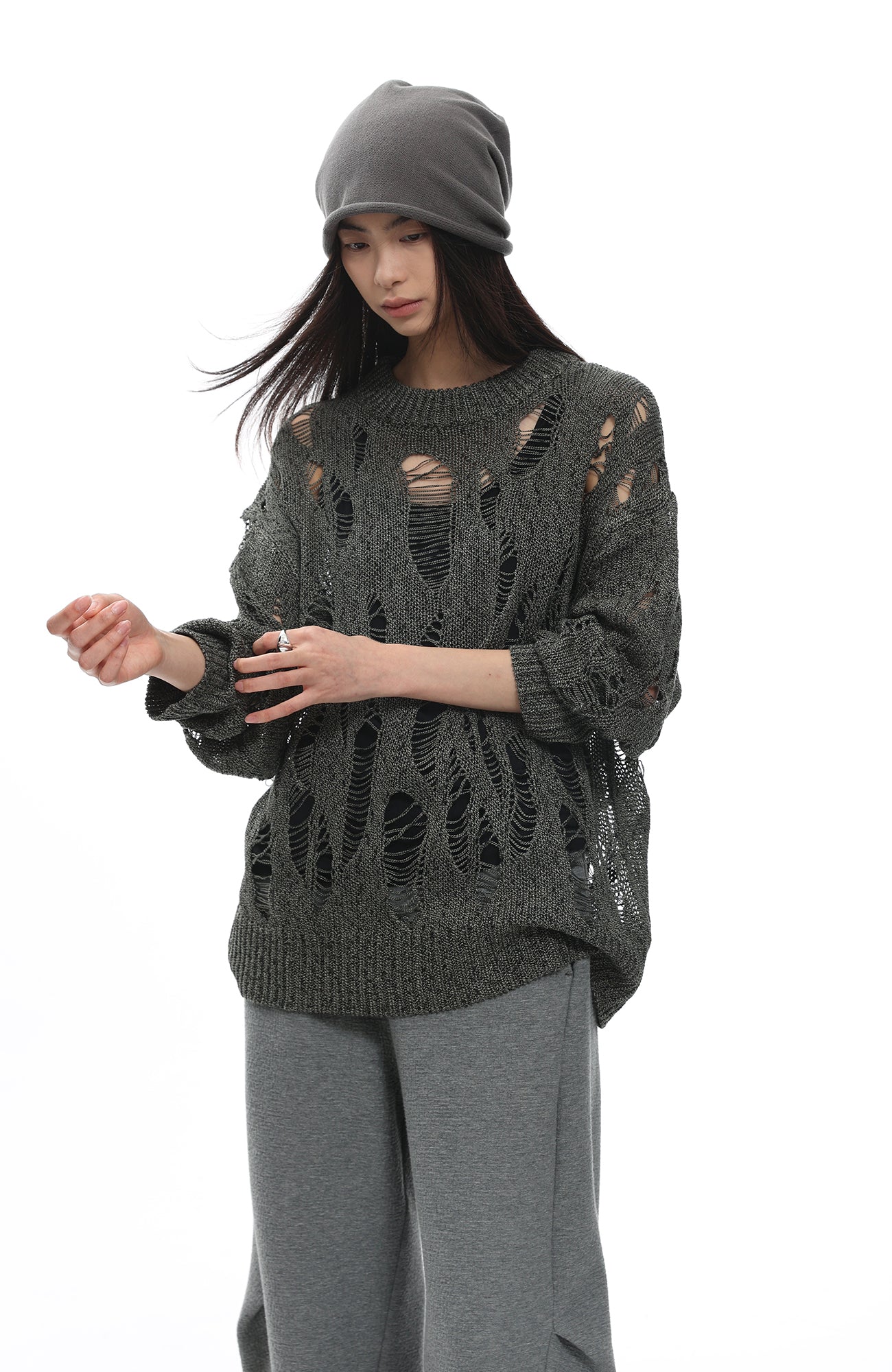 ROARINGWILD A ARCH Distressed Hollowed-Knit Sweater