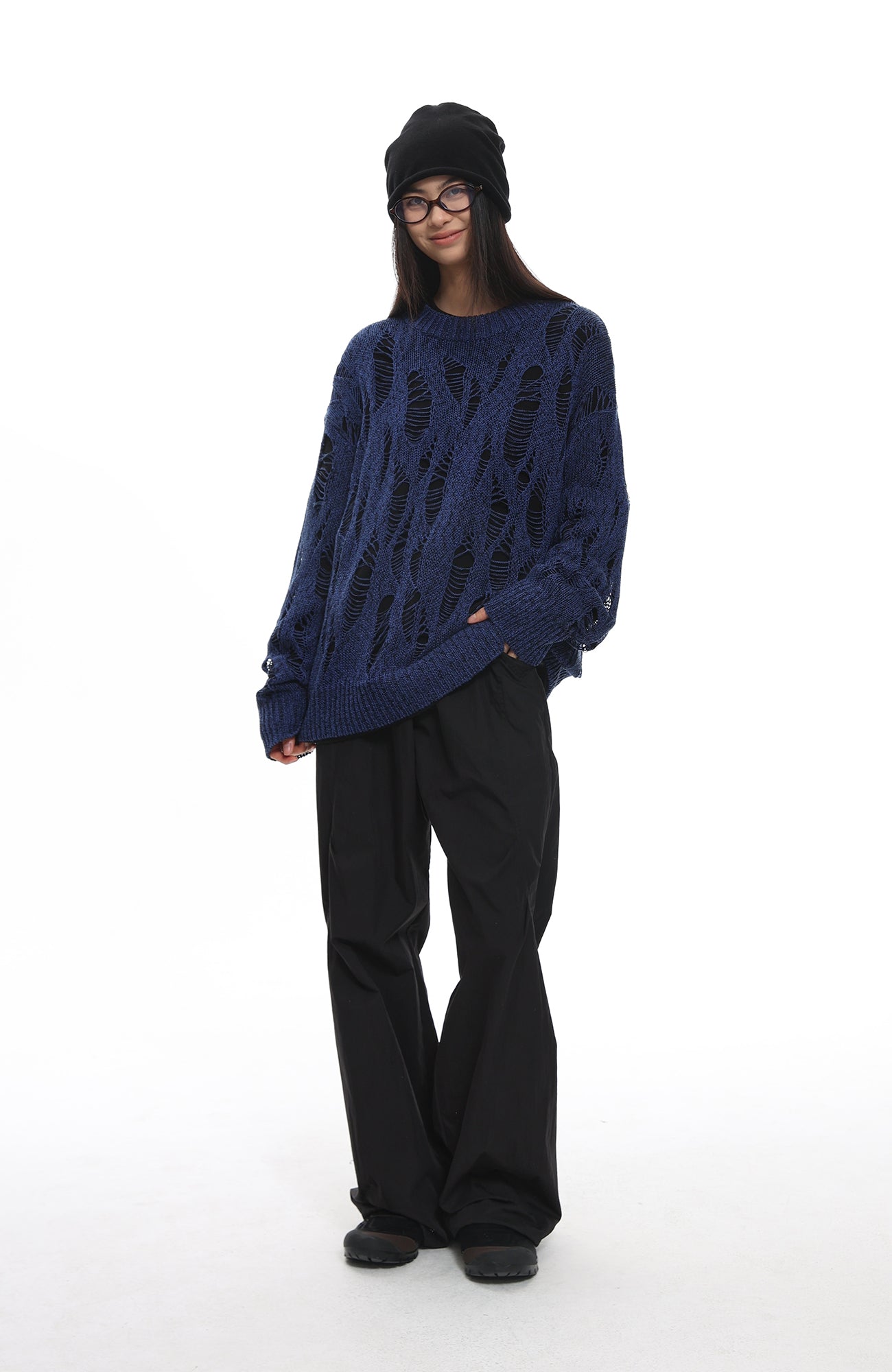 ROARINGWILD A ARCH Distressed Hollowed-Knit Sweater