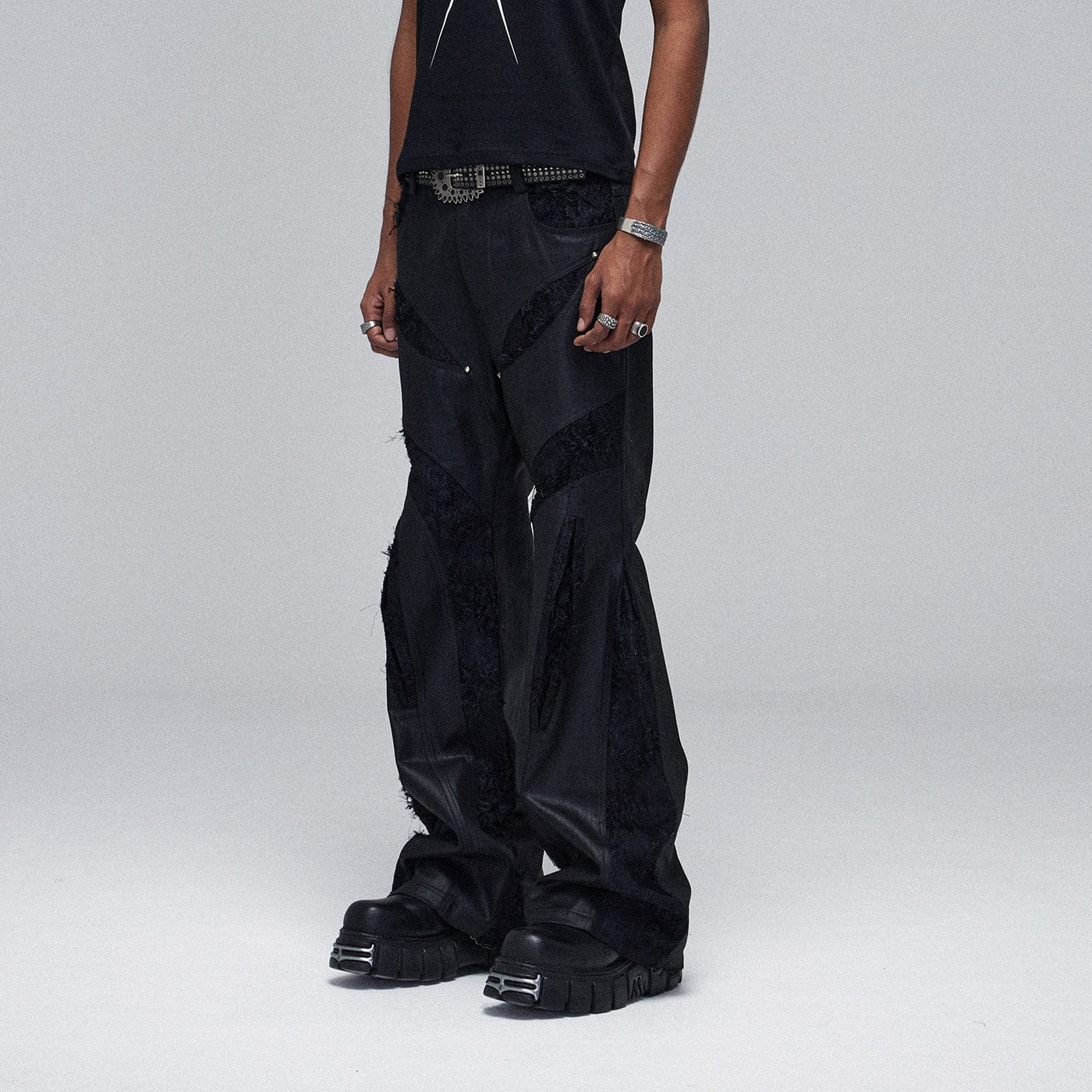 DND4DES Raw-Edge Spliced Flared Waxed Jeans, premium urban and streetwear designers apparel on PROJECTISR.com, DND4DES