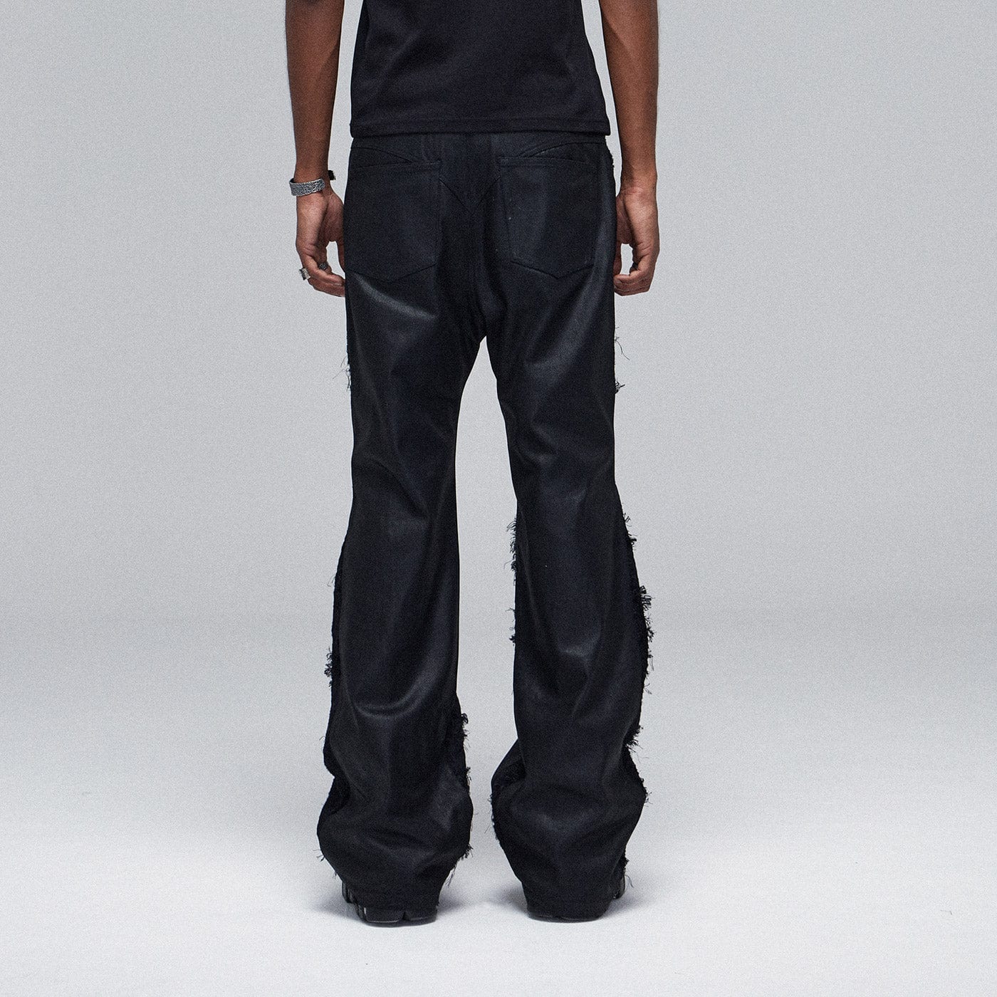 DND4DES Raw-Edge Spliced Flared Waxed Jeans, premium urban and streetwear designers apparel on PROJECTISR.com, DND4DES