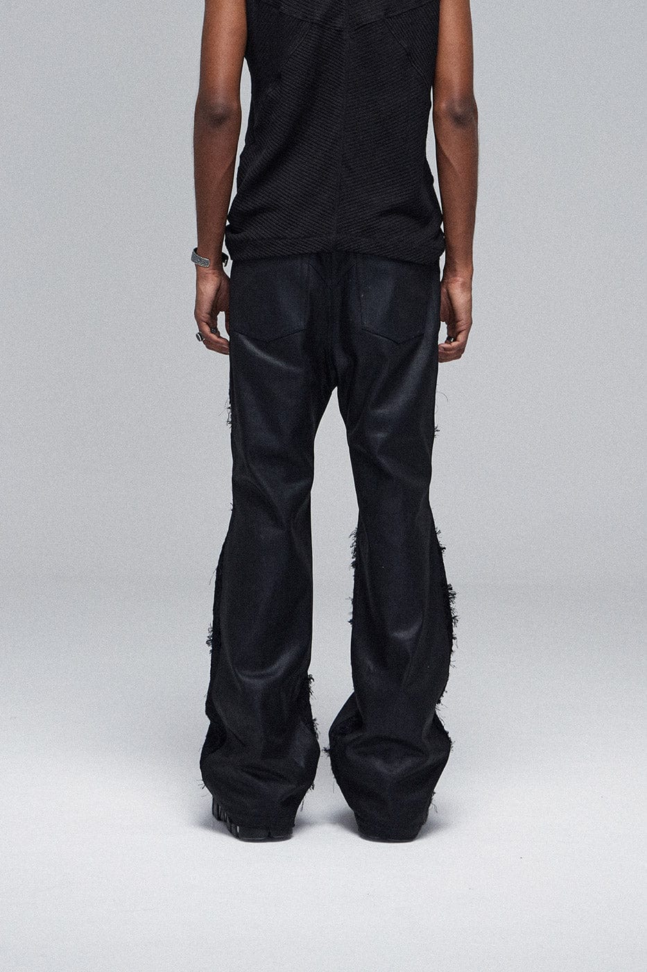 DND4DES Raw-Edge Spliced Flared Waxed Jeans, premium urban and streetwear designers apparel on PROJECTISR.com, DND4DES