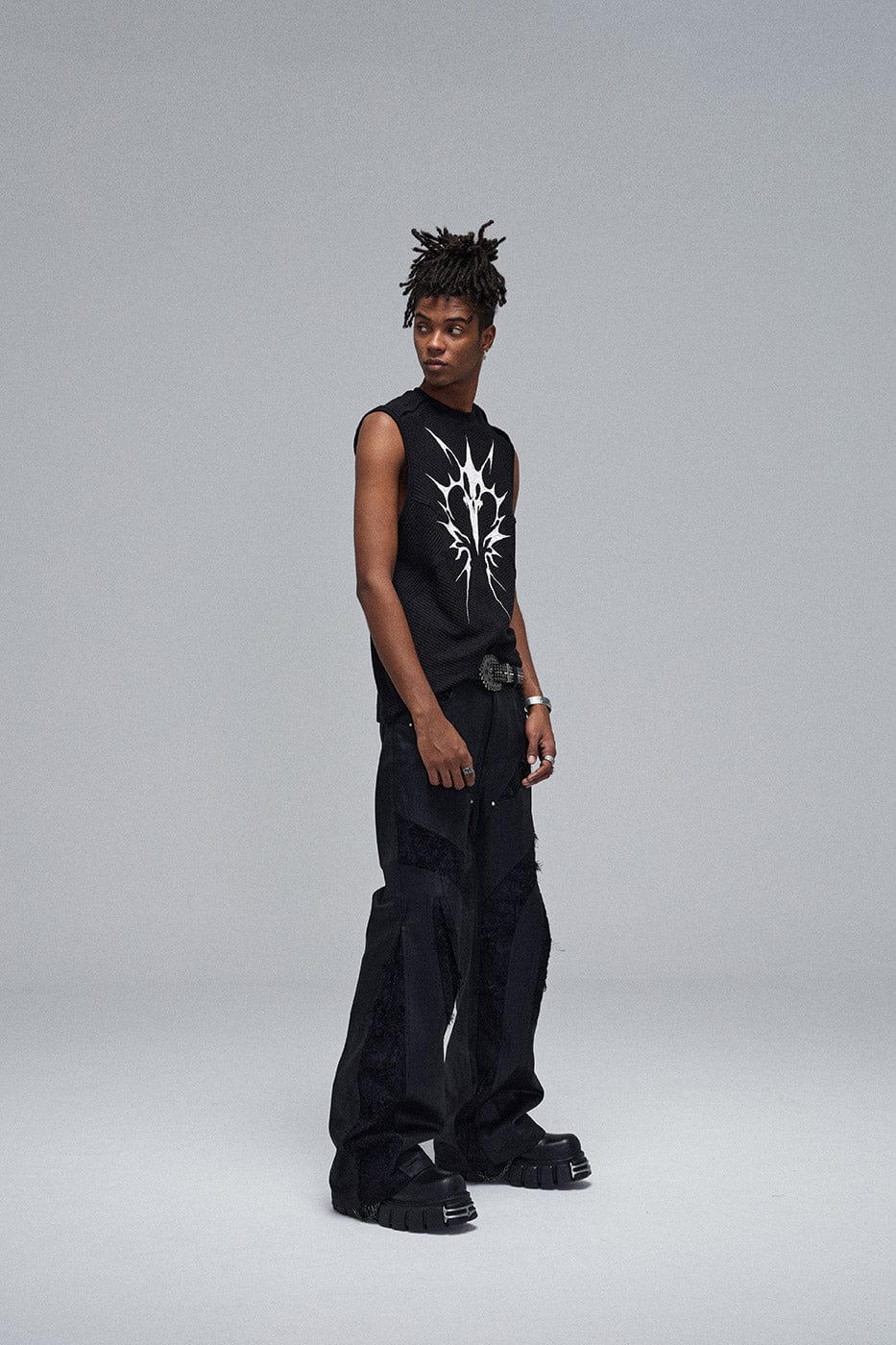 DND4DES Raw-Edge Spliced Flared Waxed Jeans, premium urban and streetwear designers apparel on PROJECTISR.com, DND4DES