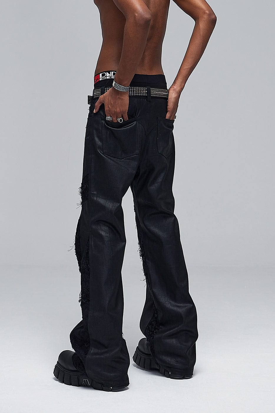 DND4DES Raw-Edge Spliced Flared Waxed Jeans, premium urban and streetwear designers apparel on PROJECTISR.com, DND4DES