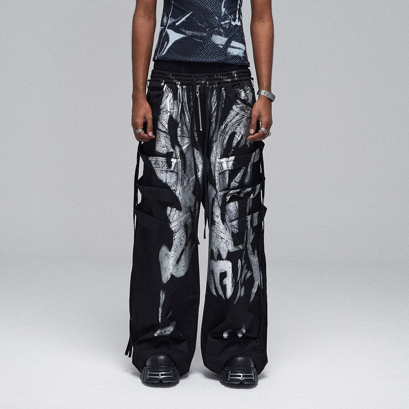 DND4DES Multi-Layered Striped Graffiti Cargo Pants, premium urban and streetwear designers apparel on PROJECTISR.com, DND4DES