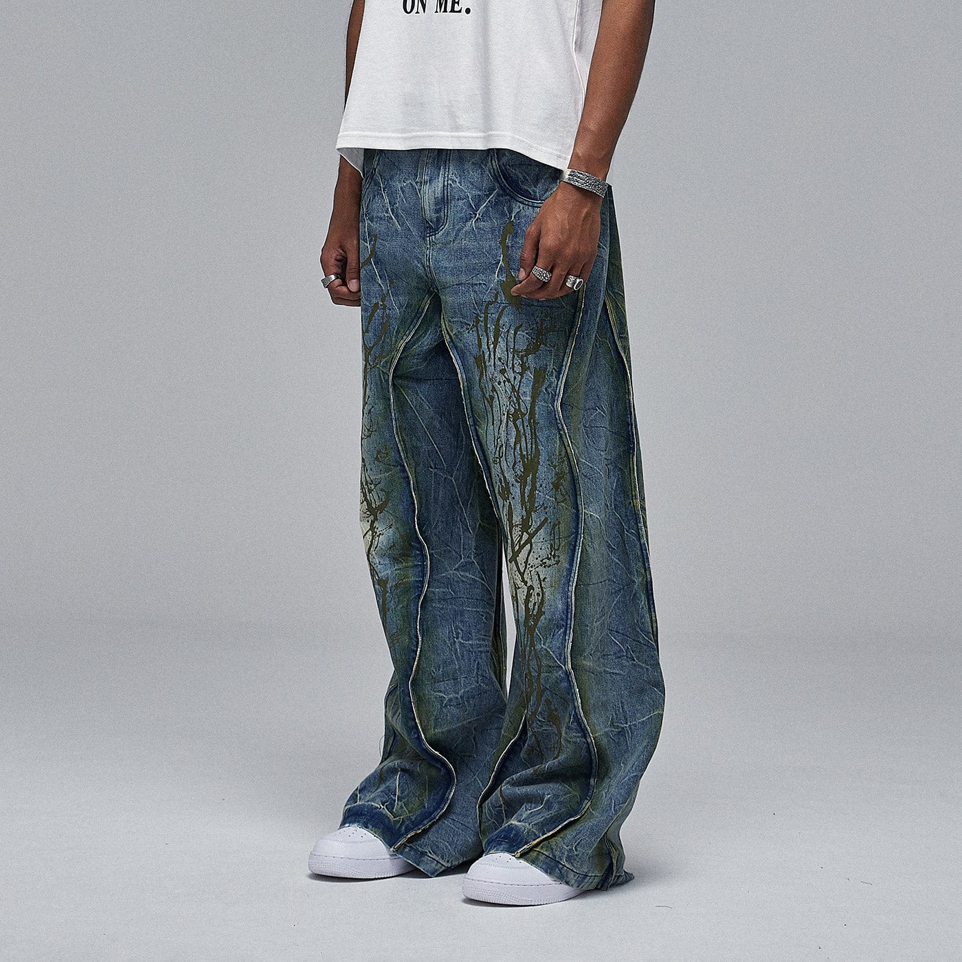 DND4DES Ripple Spliced Washed Jeans, premium urban and streetwear designers apparel on PROJECTISR.com, DND4DES