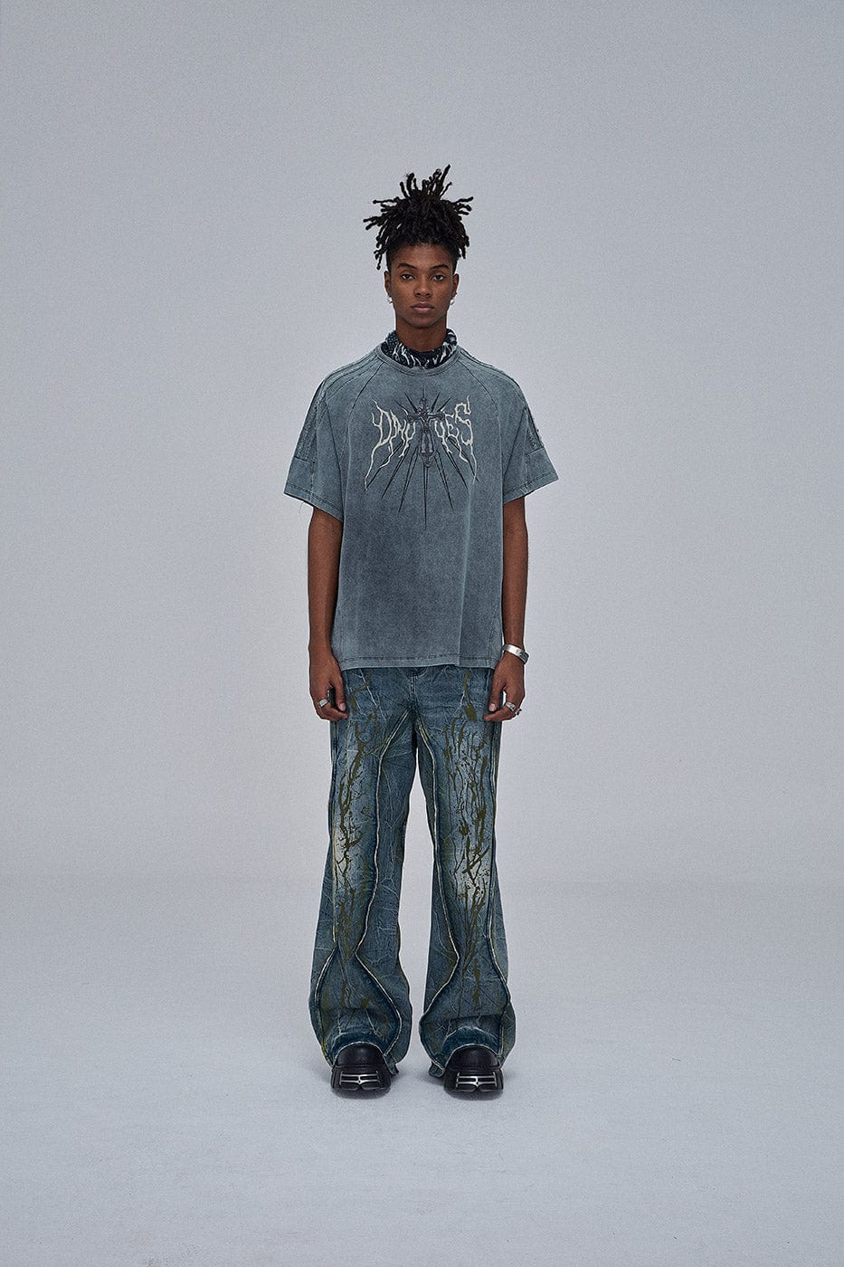 DND4DES Ripple Spliced Washed Jeans, premium urban and streetwear designers apparel on PROJECTISR.com, DND4DES