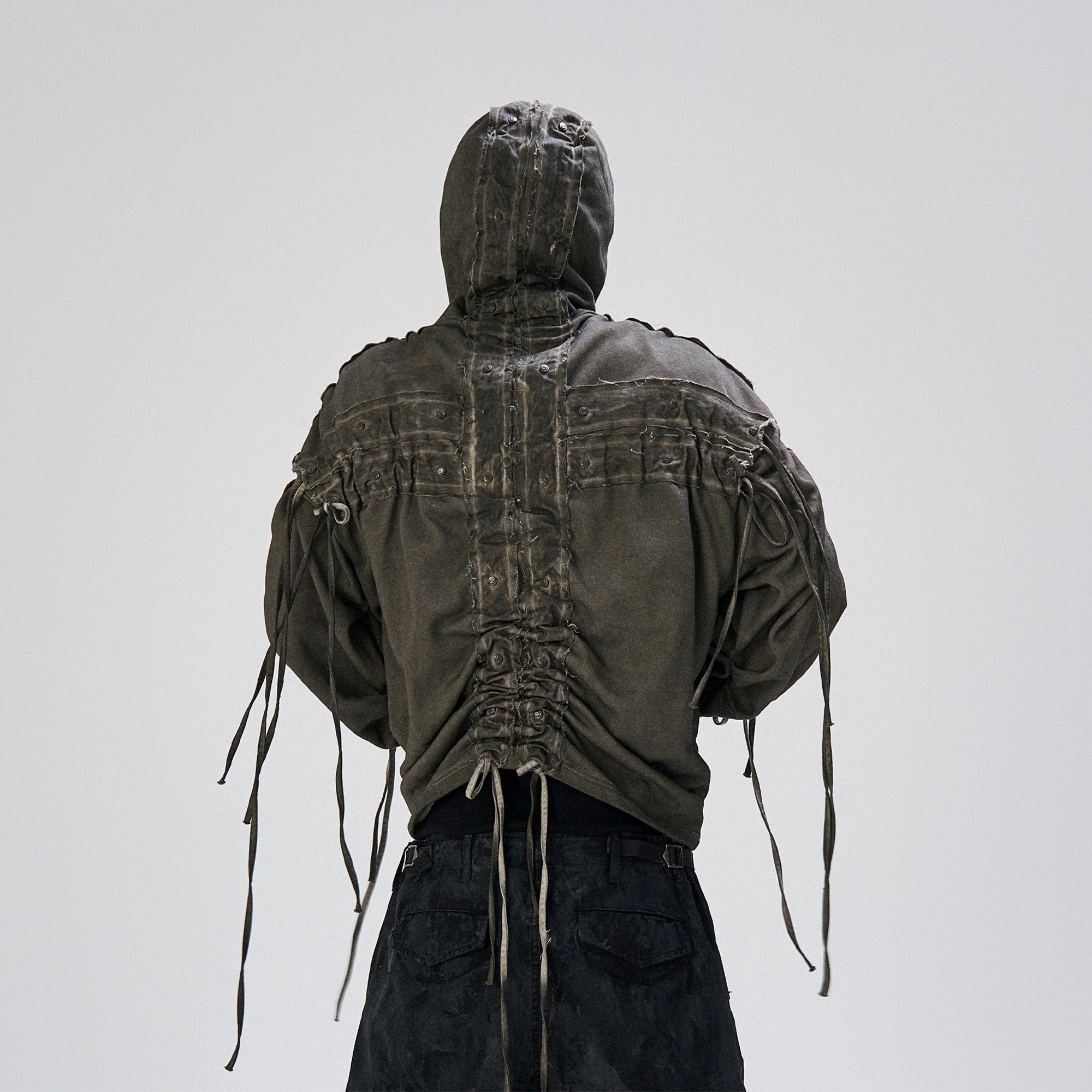 FLYERRER Distressed Drawstring Ruched Hooded Jacket, premium urban and streetwear designers apparel on PROJECTISR.com, FLYERRER