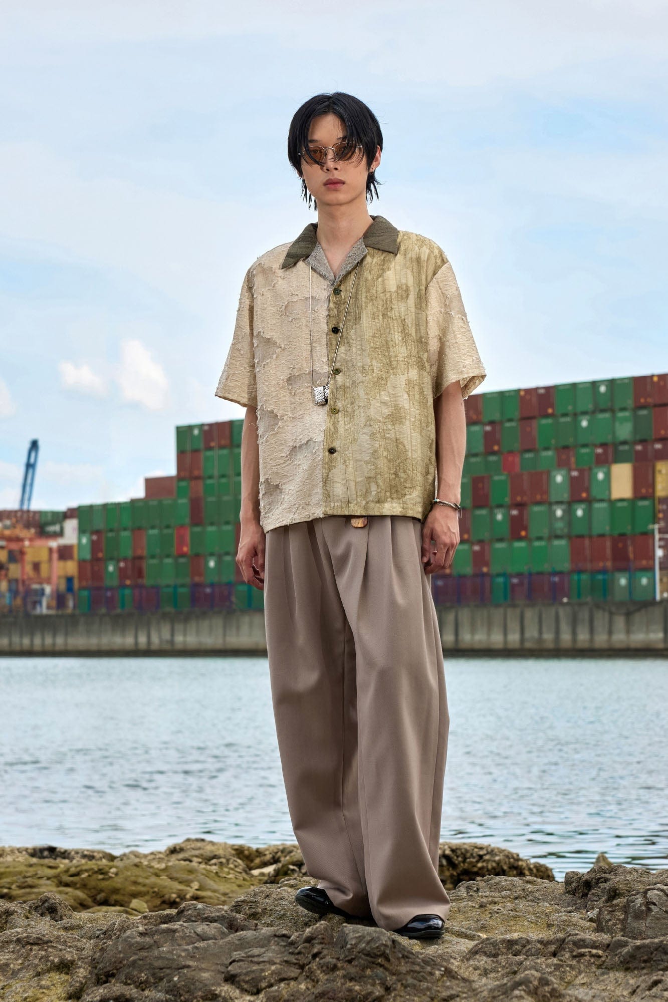 ALVNG AR ANTS Botanical Dyed Burnout Textured Spliced Half Shirt, premium urban and streetwear designers apparel on PROJECTISR.com, ALVNG AR ANTS