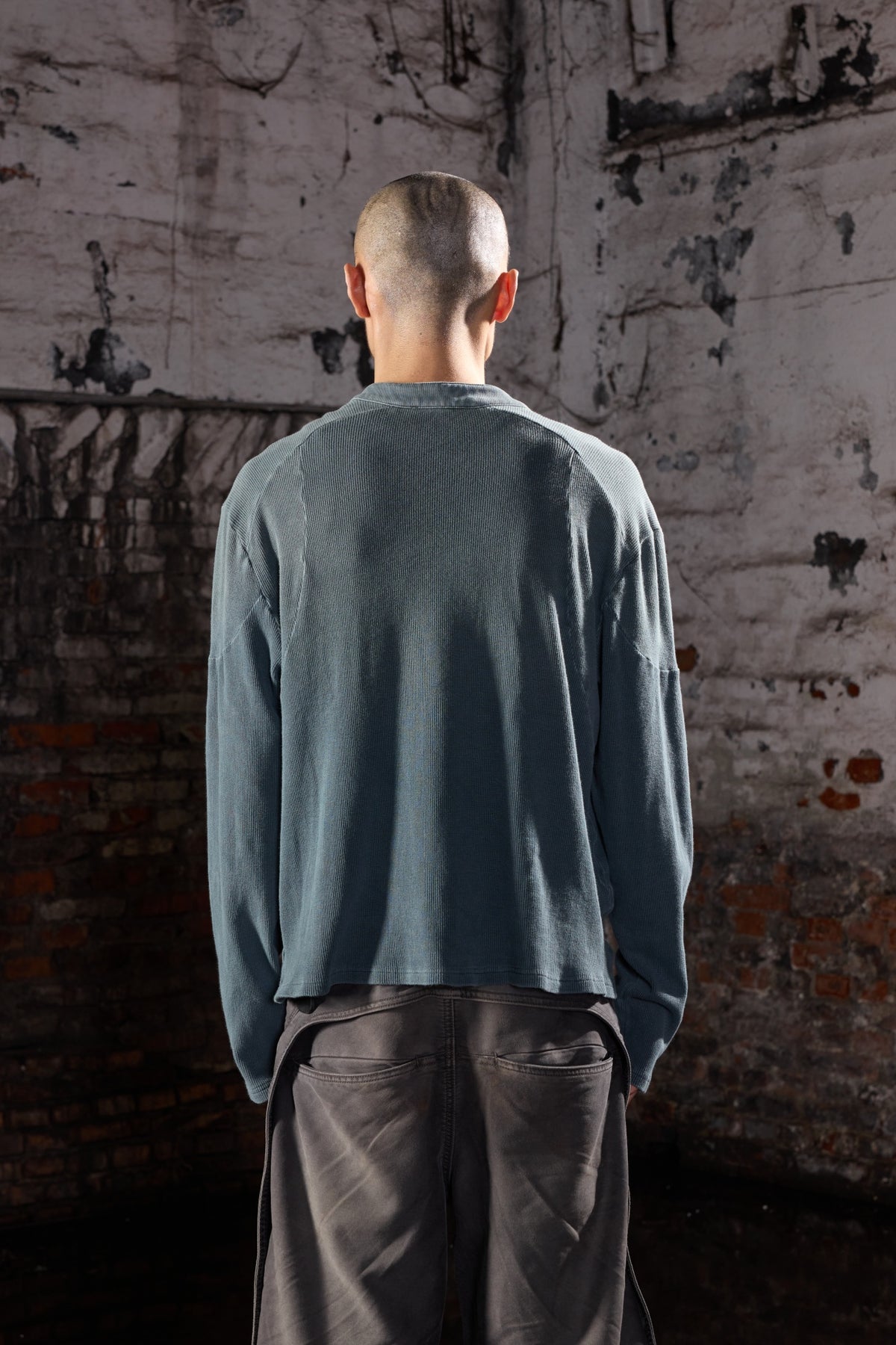AVINMADE Washed Waffle-Knit Henley Long-Sleeve Tee — half body