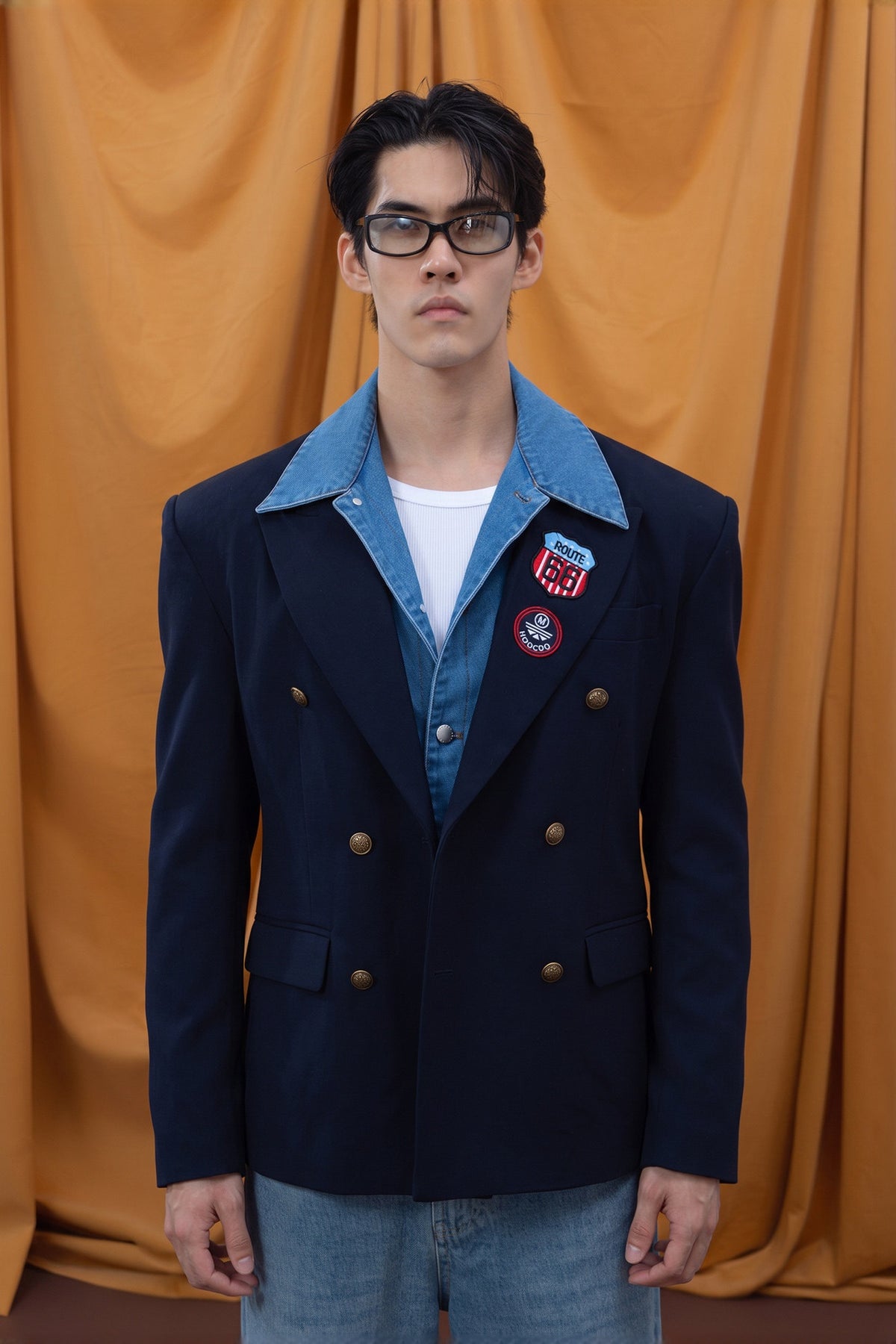 CLP Retro Denim-Collar Layered Blazer — half body