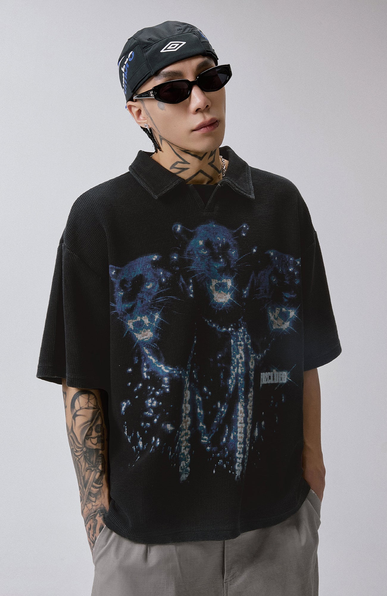 F2CE Distressed Waffle-Knit Graphic Polo, premium urban and streetwear designers apparel on PROJECTISR.com, F2CE