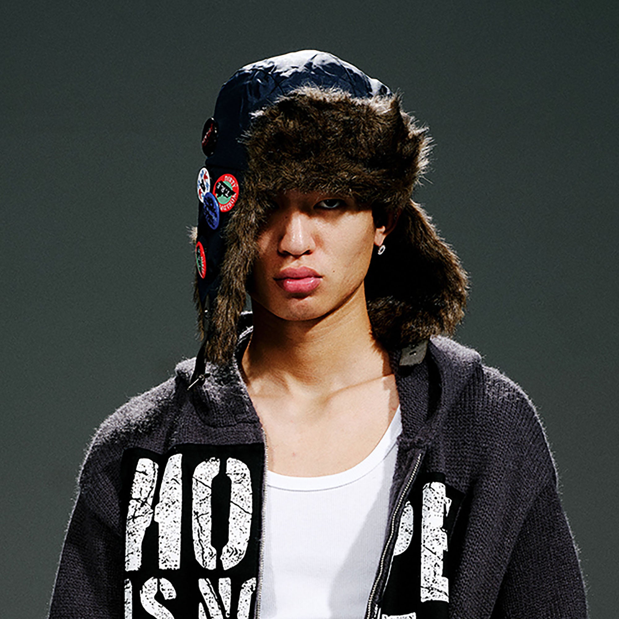 TRECLUB Faux-Fur Badge Aviator Hat