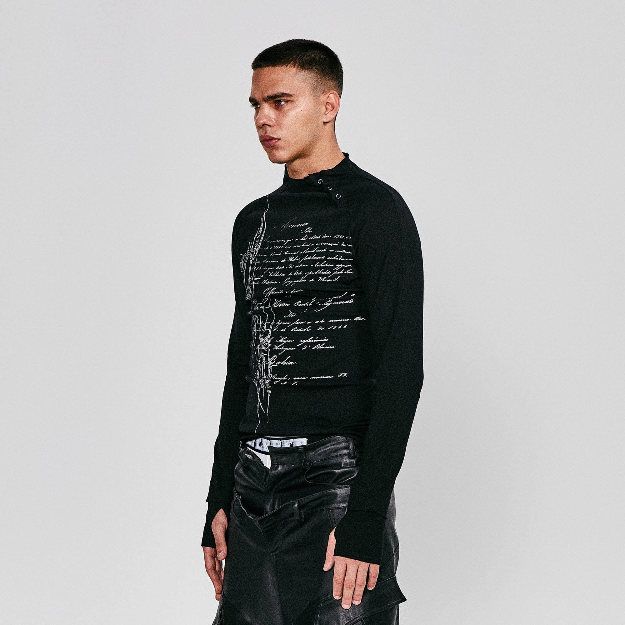 FLYERRER Gothic Script Graphic Asymmetrical Button Long-Sleeve Tee, premium urban and streetwear designers apparel on PROJECTISR.com, FLYERRER