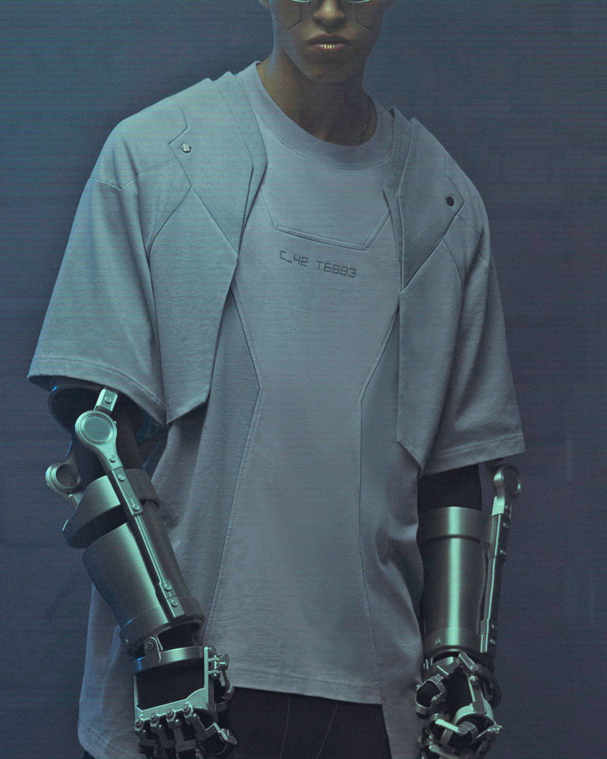 XIPHEVIL Deep Zone Deconstructed Armor Rivet T-Shirt Light Grey, premium urban and streetwear designers apparel on PROJECTISR.com, XIPHEVIL