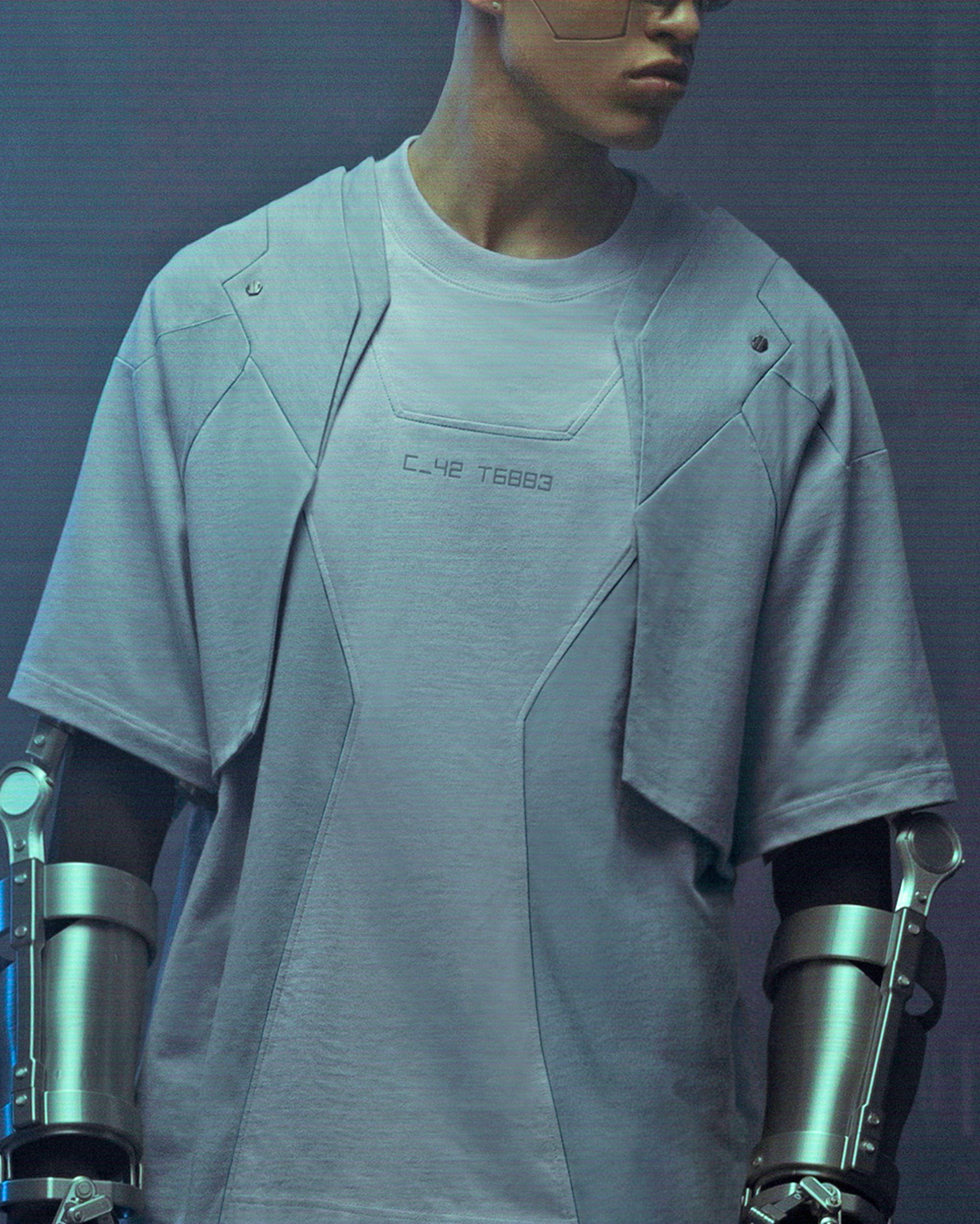 XIPHEVIL Deep Zone Deconstructed Armor Rivet T-Shirt Light Grey, premium urban and streetwear designers apparel on PROJECTISR.com, XIPHEVIL